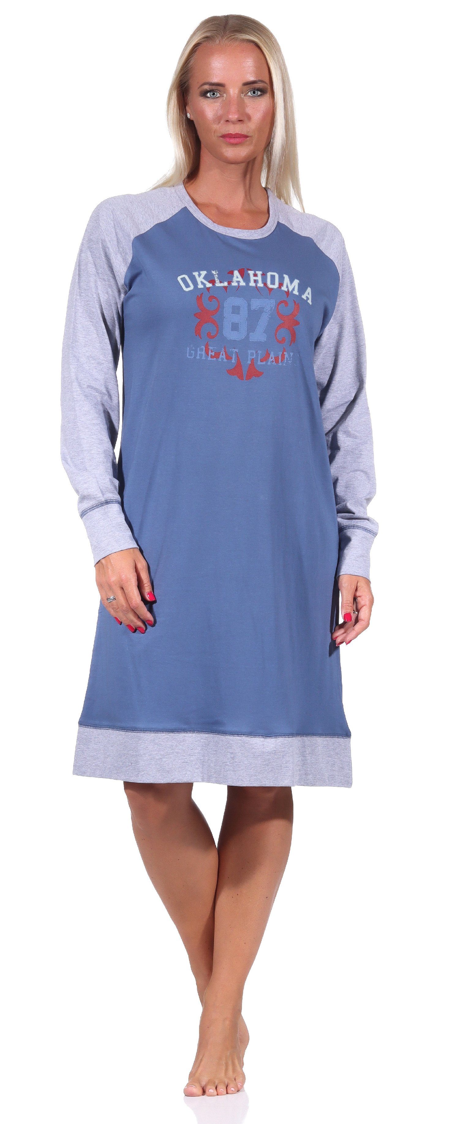 Normann Nachthemd Damen Nachthemd im College Look mit Frontprint und abgesetzten Ärmeln blau