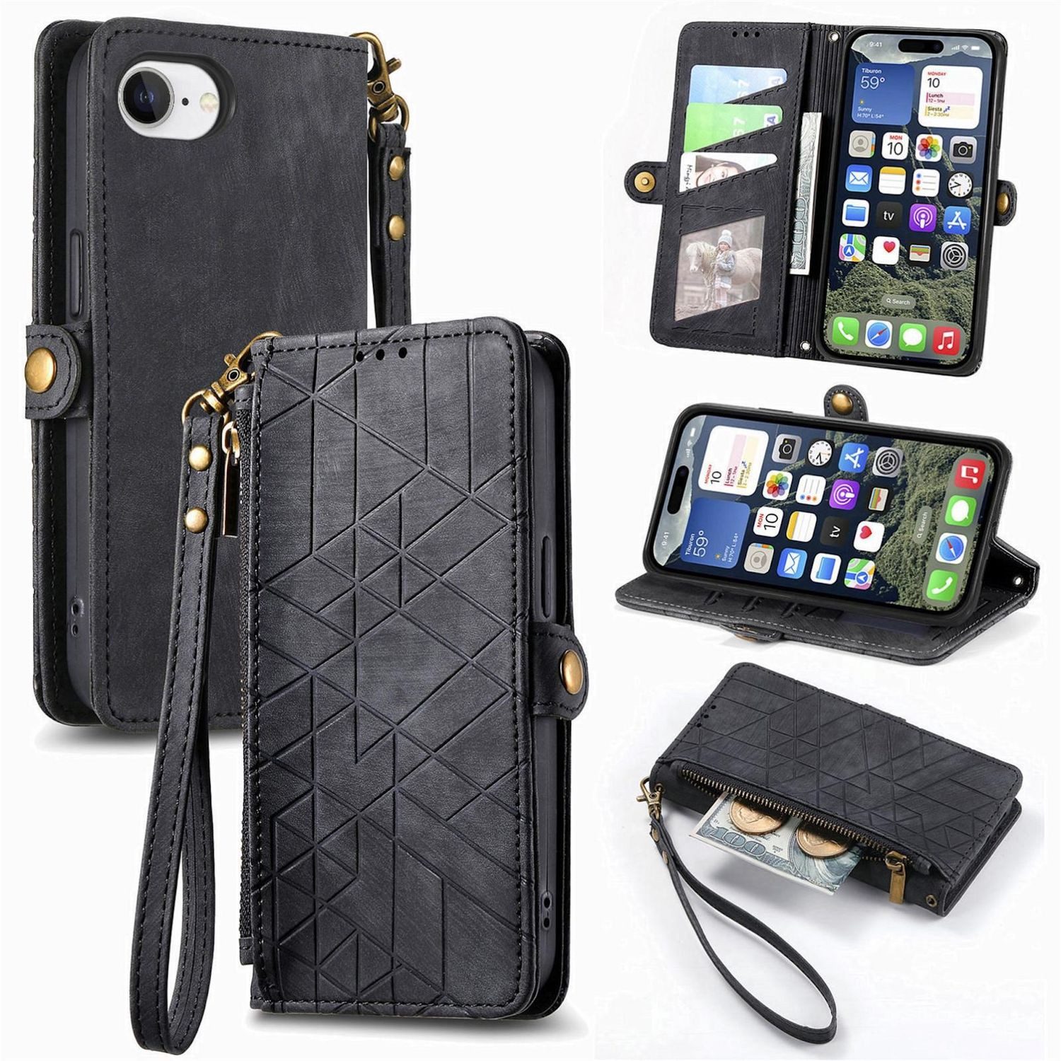 Wigento Handyhülle für Apple iPhone 17e 16e Kunstleder Zipper Book Wallet Tasche Schwarz, Kartenfächer, Reißverschlussfach, Standfunktion