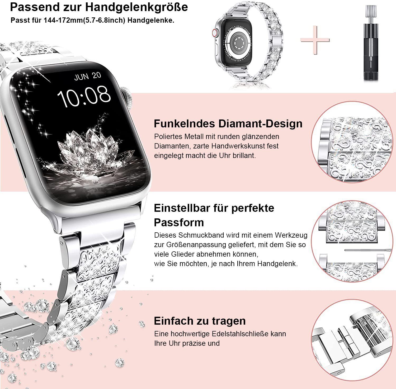 Diida Smartwatch-Armband Watch Armband, 38/40/41 Serie1- mm, Apple Watch, 7,Silber für Armband