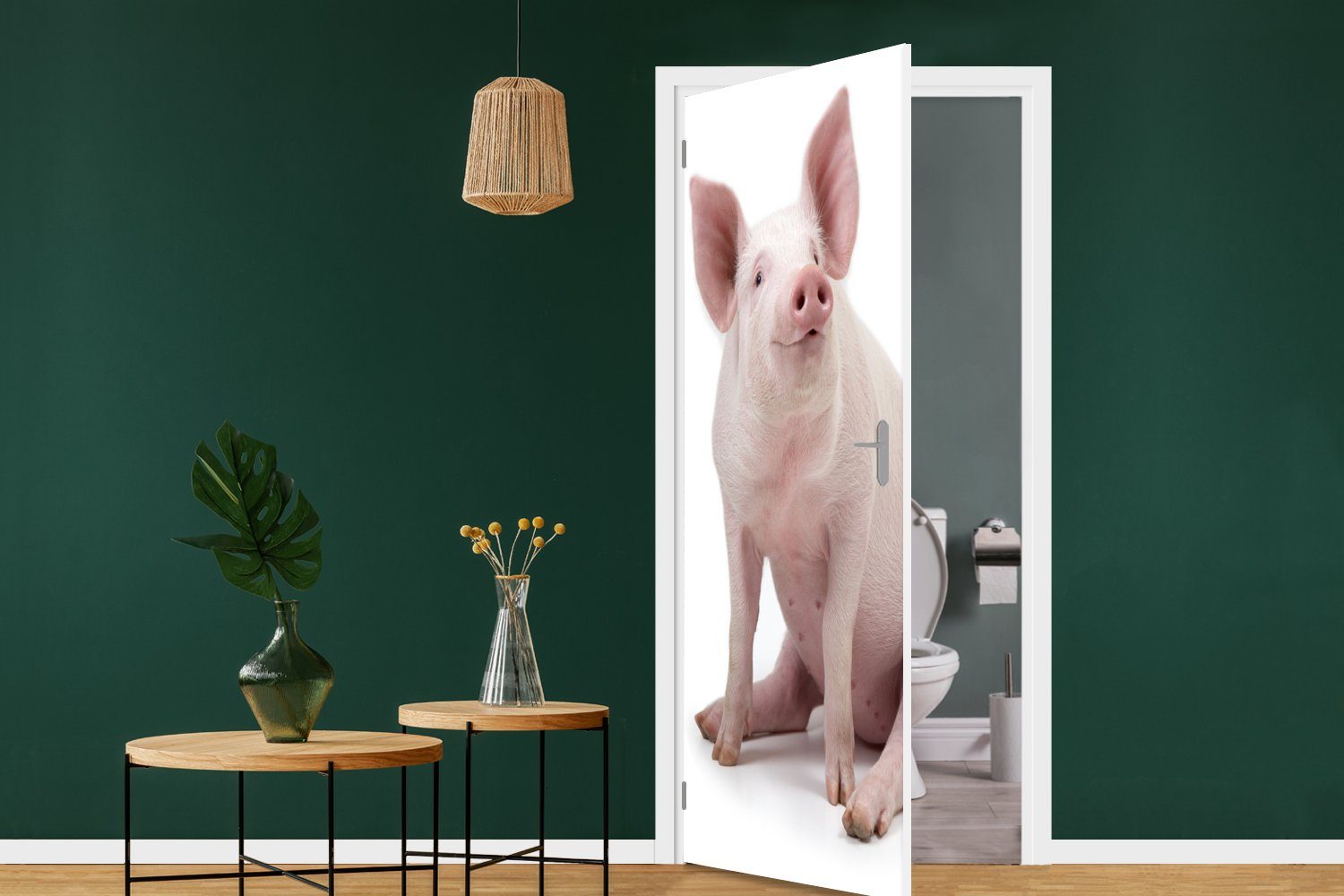 St), Türaufkleber, Schwein Türtapete Matt, (1 Bauernhoftiere Weiß, Fototapete MuchoWow bedruckt, 75x205 - cm für Tür, -