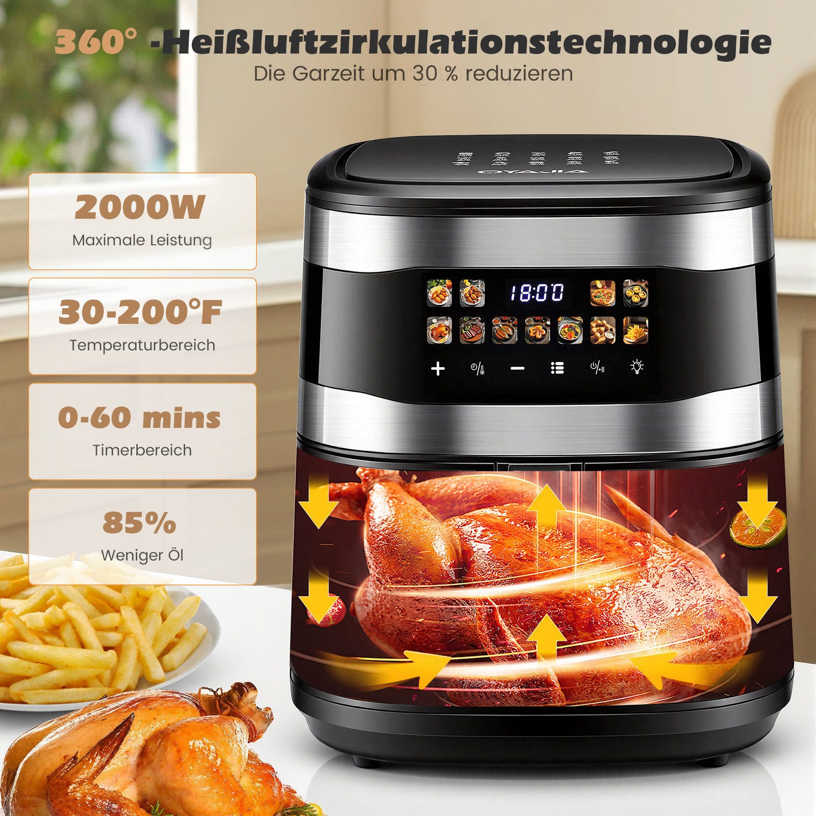 oyajia Heißluftfritteuse Airfryer JAF-804DW XXL mit Sichtfenster, Fritteuse ohne Öl, digitales Bedienfeld, 11 Automatikprogramme, 2000 W