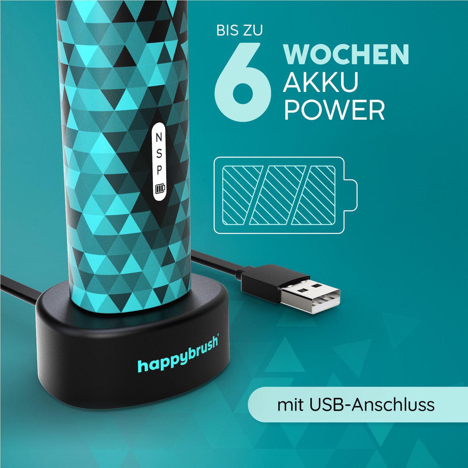 happybrush Schallzahnbürste Eco Vibe 3 Black-Mint - 100 Tage Probeputzen - 8 Wochen Power Akku, Aufsteckbürsten: 4 St., Eco Vibe 3, 3 individuelle Putz-Modi, Sc – Bild 4 von 5