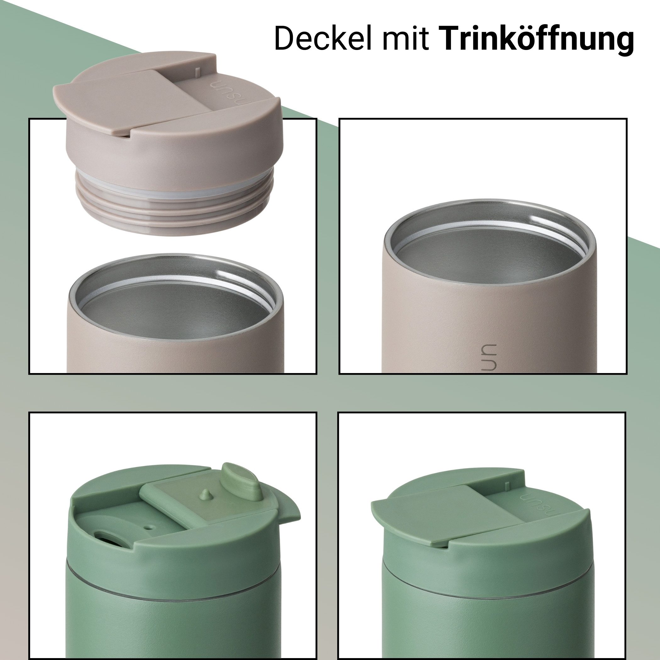 Vinsun Thermobecher Edelstahl Isolierbecher 350ml - Kaffeebecher doppelwandig isoliert, 2-tlg., Edelstahl, BPA frei, auslaufsicher, bruchfest, Kalt- und Heißget – Bild 4 von 5