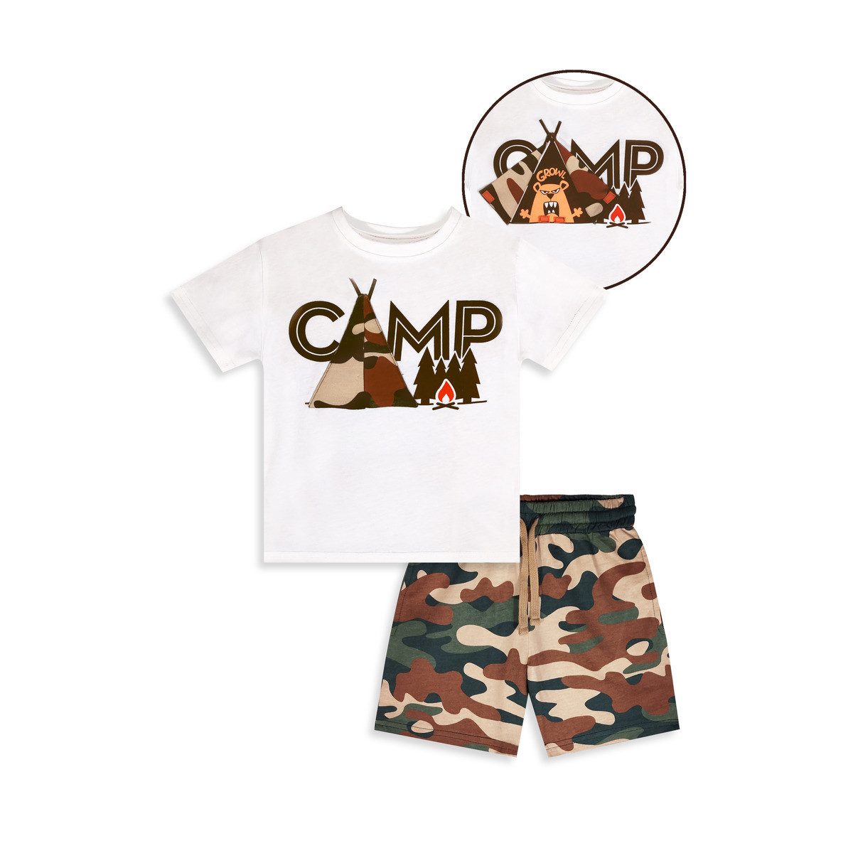 Denokids T-Shirt Camp Interactive T-shirt & Shorts Jungen (1-tlg) Outfit-Set, Bekleidungsset, Kombi-Set, 2er-Set, Mini Set