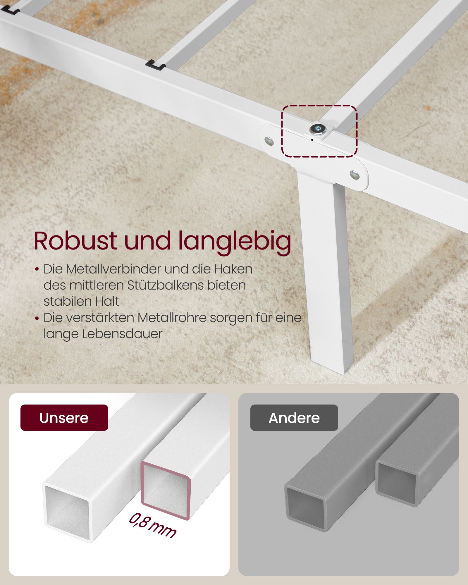 VASAGLE Bettgestell (1-tlg), aus Metall, Bettrahmen, hochtragfähig, in 5 Größen verfügbar
