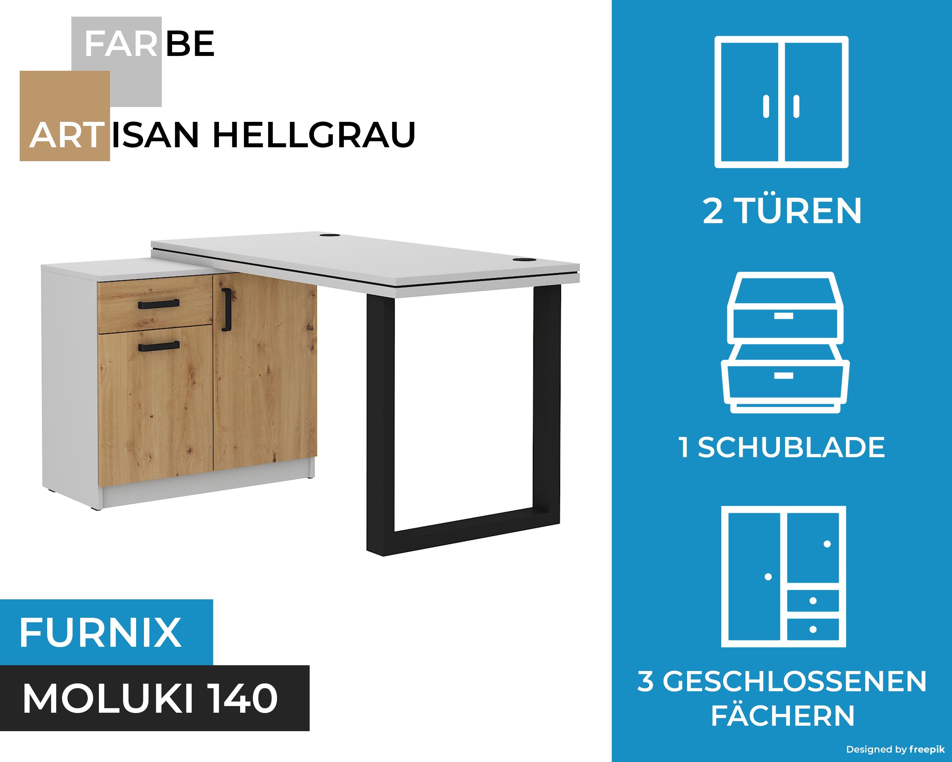 x cm Büromöbel H78,1 Furnix Artisan-Hellgrau B138 und 140, MOLUKI mit Kufenbein x T67 Kommode Schreibtisch