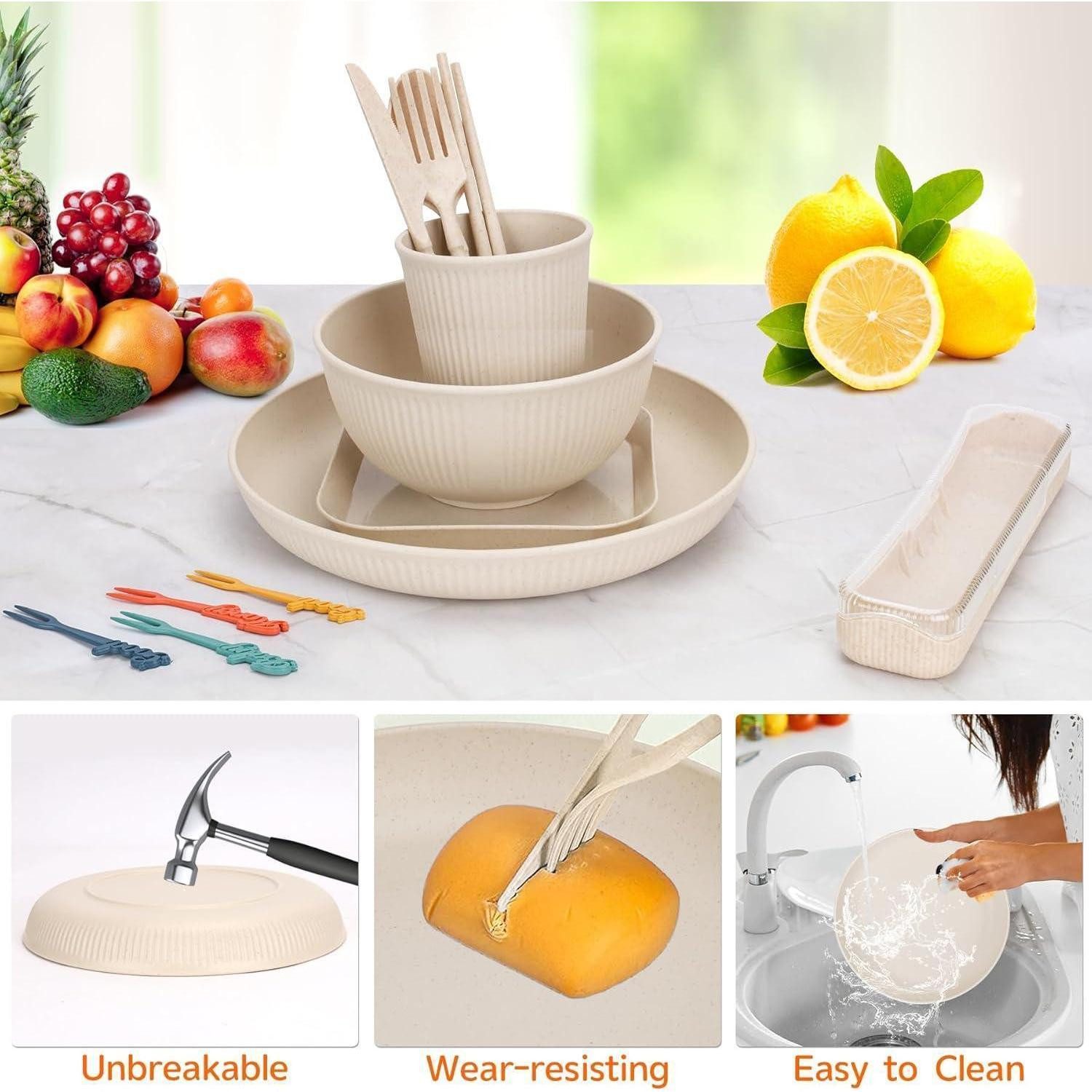 LuxusKollektion Geschirr-Set Geschirrset 48teilig unzerbrechlich Plastikgeschirr 48 Stück Beige – Bild 4 von 5