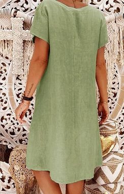FIDDY Strandkleid Sommerliches Damen-Leinenkleid mit V-Ausschnitt und Midi-Kleid