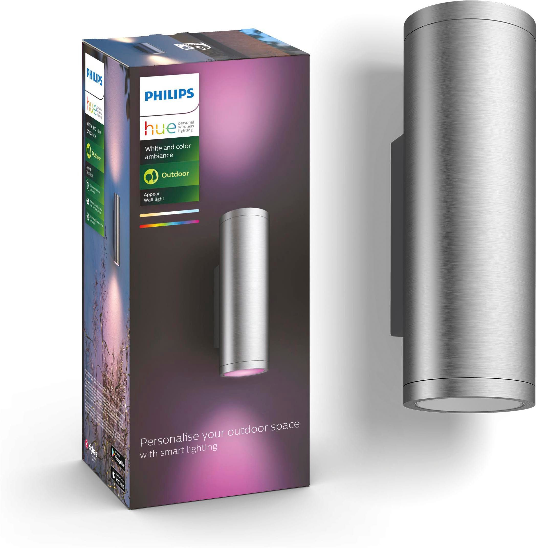 Philips Hue LED Außen-Wandleuchte Outdoor White & Color Ambiance Appear, Abschaltautomatik, Bluetooth, CCT - über Fernbedienung, Dimmfunktion, Einschlafhilfe, Farbsteuerung, Farbwechsel, Memory, nach Trennung vom Netz, Nachtlichtfunktion, RGB, Smart Home, Timerfunktion, Weckerfunktion, dimmbar über Fernbedienung, mehrere Helligkeitsstufen, LED fest integriert, Farbwechsler, RGB, warmweiß - kaltweiß, Steuerbar per App und Stimme, Smart Home fähig, Farbfähig und Weißtöne
