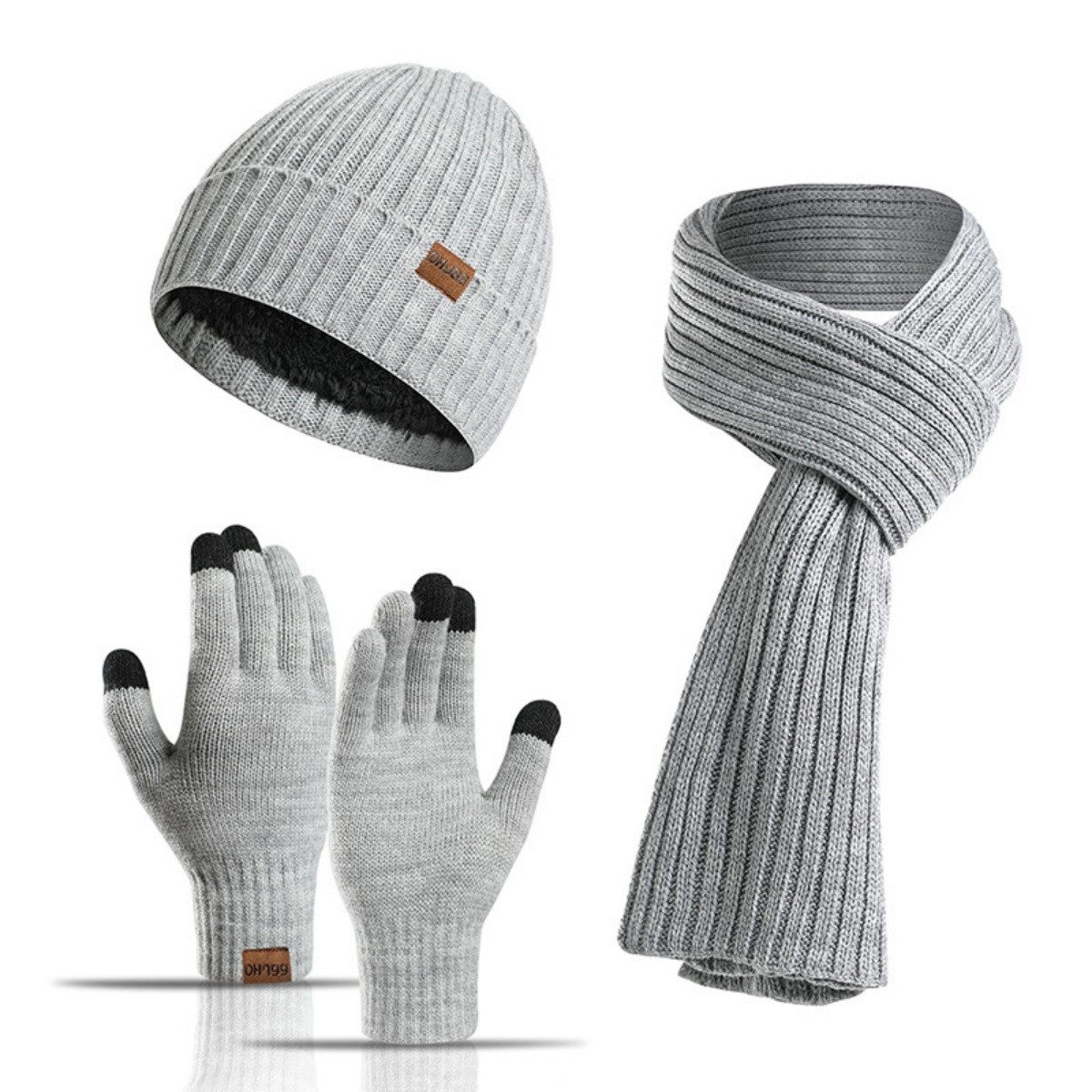 YNOFIT Mütze & Schal 3St Schal Mütze und Touchscreen Handschuhe Set Für Herren Damen (Rutschfeste Handschuhe, gestrickte dehnbare Mütze und langer Schal) Gestrickte warme Strickmütze Mütze Schal Handschuhe Geschenkset