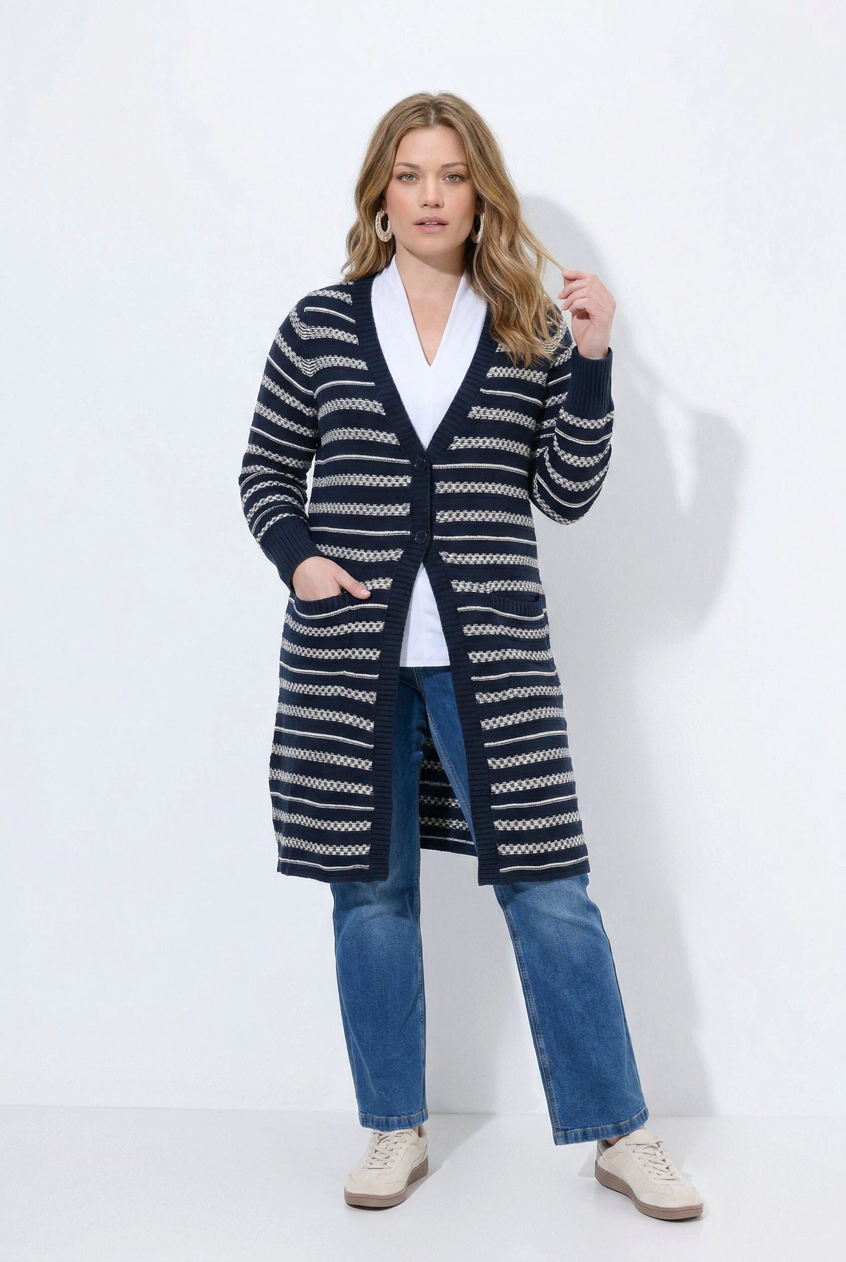 Ulla Popken Strickjacke Long-Strickjacke V-Ausschnitt Langarm Biobaumwolle