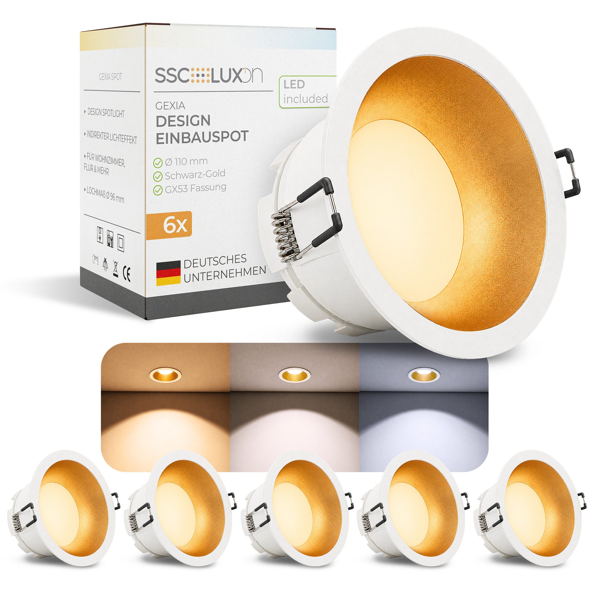 SSC-LUXon LED Einbaustrahler GEXIA Einbaustrahler weiß gold Ø11cm LED GX53 3in1 Lichtfarbe 3W 230V, Neutralweiß, Warmweiß, Tageslichtweiß