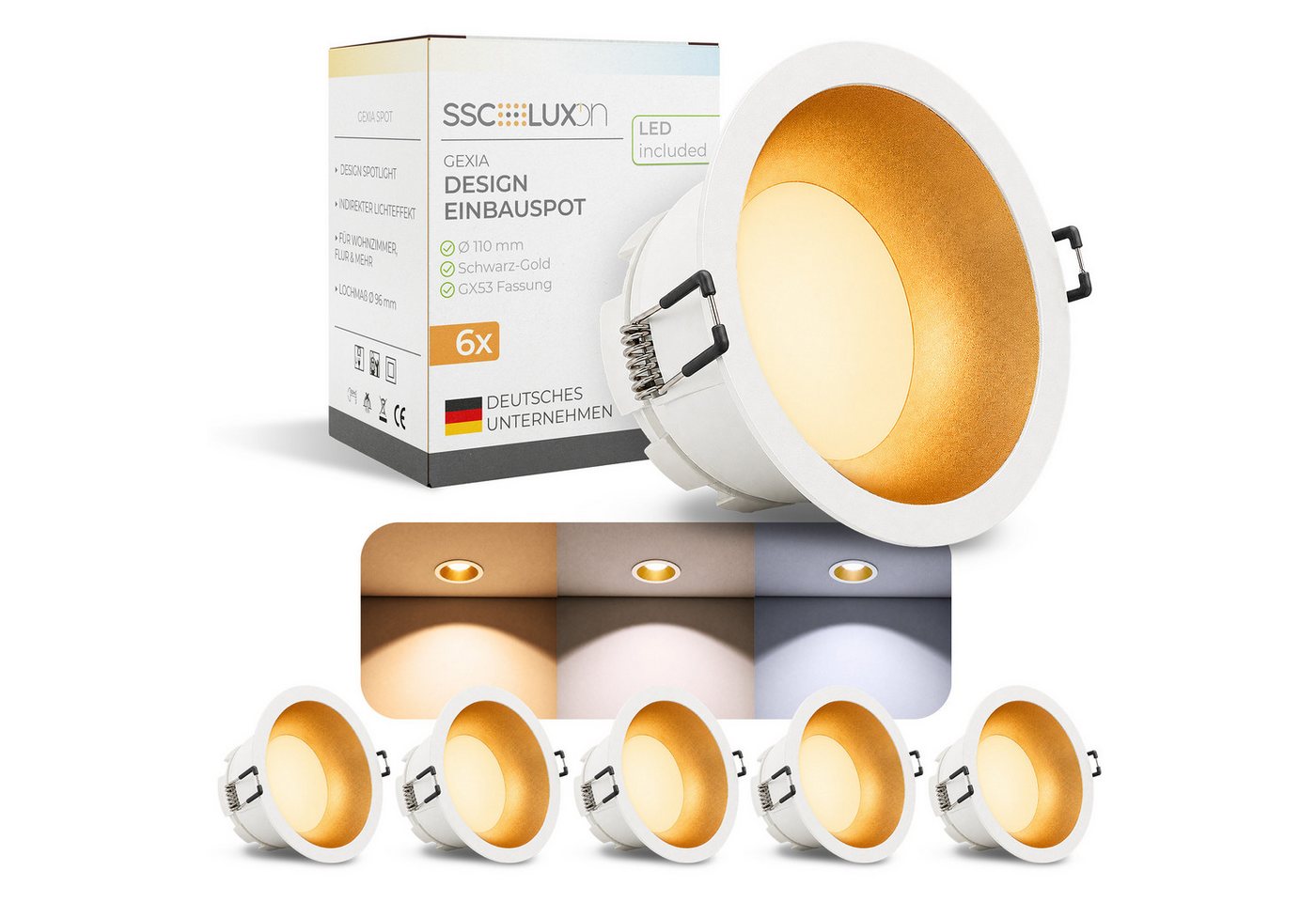 SSC-LUXon LED Einbaustrahler GEXIA Einbaustrahler weiß gold Ø11cm LED GX53 3in1 Lichtfarbe 3W 230V, Neutralweiß, Warmweiß, Tageslichtweiß