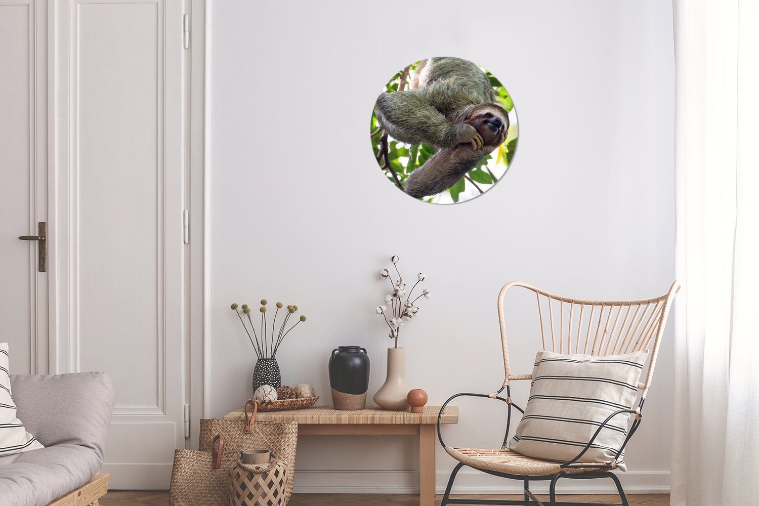 Kreis Forex, (1 cm Bäumen, grünen Wandbild, lachendes Rundes in Wanddekoration 30x30 Wohnzimmer, MuchoWow hängt Faultier den Ein St), Gemälde