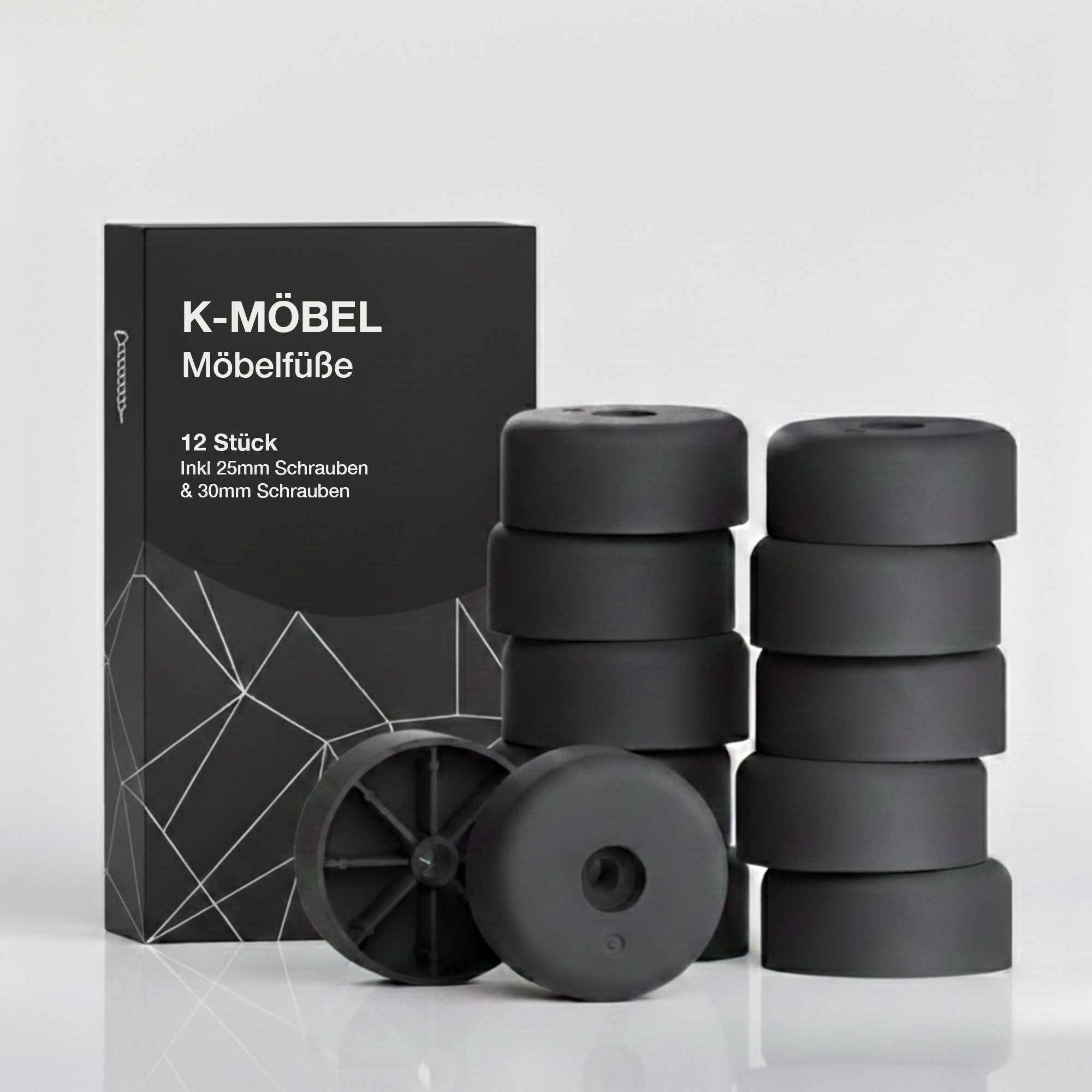 K-Möbel Möbelfuß C1100, (Set, 12-St., 12 Stück inkl 25mm & 30mm Schrauben), Made in Germany - bis 300kg belastbar