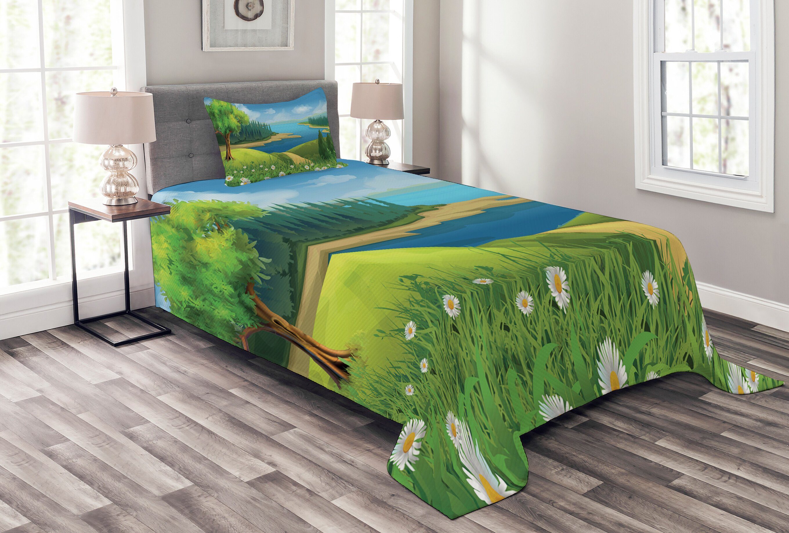 Gras Waschbar, Cartoon-Landschaft Muster Tagesdecke Kissenbezügen mit Set Abakuhaus,