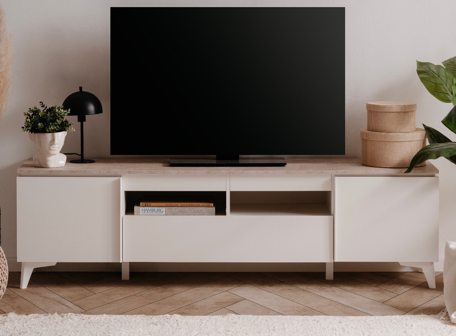 Furn.Design Lowboard Visby (TV Unterschrank in weiß, Breite 177 cm), mit Sandstein