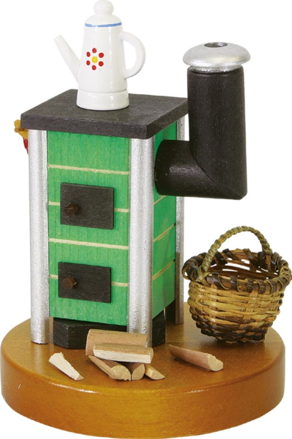 Richard Glaesser Räuchermännchen Räucherofen Räucherherd mit Kanne grün, Höhe 14 cm, Holzkunst original Erzgebirge