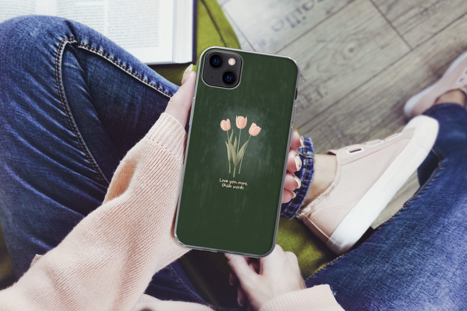 MuchoWow Handyhülle für Apple iPhone 13 mini Tulpen - Rosa - Text - Liebe, Smartphone-Bumper, Print, Handy Schutzhülle Dünn