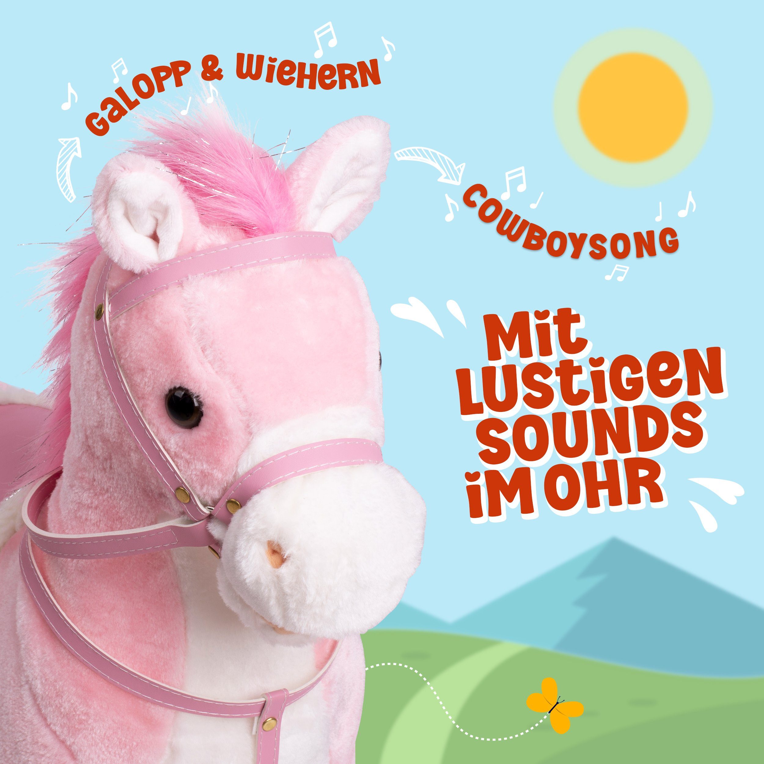 Pink Papaya Stehpferd Stehpferde zum Draufsitzen 60cm, besonders flauschig, liebevolle Details, Sound im Ohr