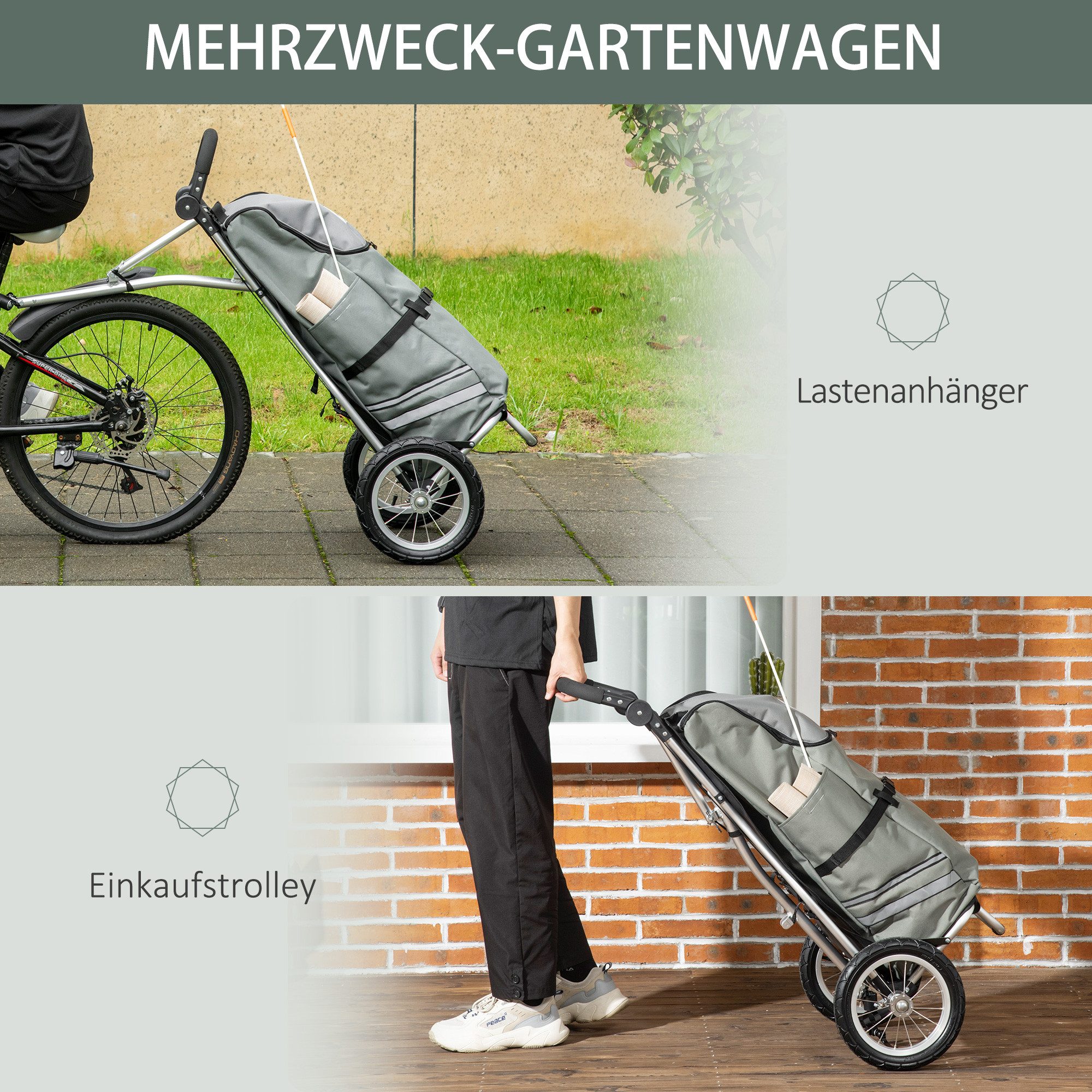 HOMCOM Bicycle Cargo Trailer, Transport Trailer with Connecting Clamps for Bicycle Coupling, Grey+Silver 53 x 53 x 60 cm