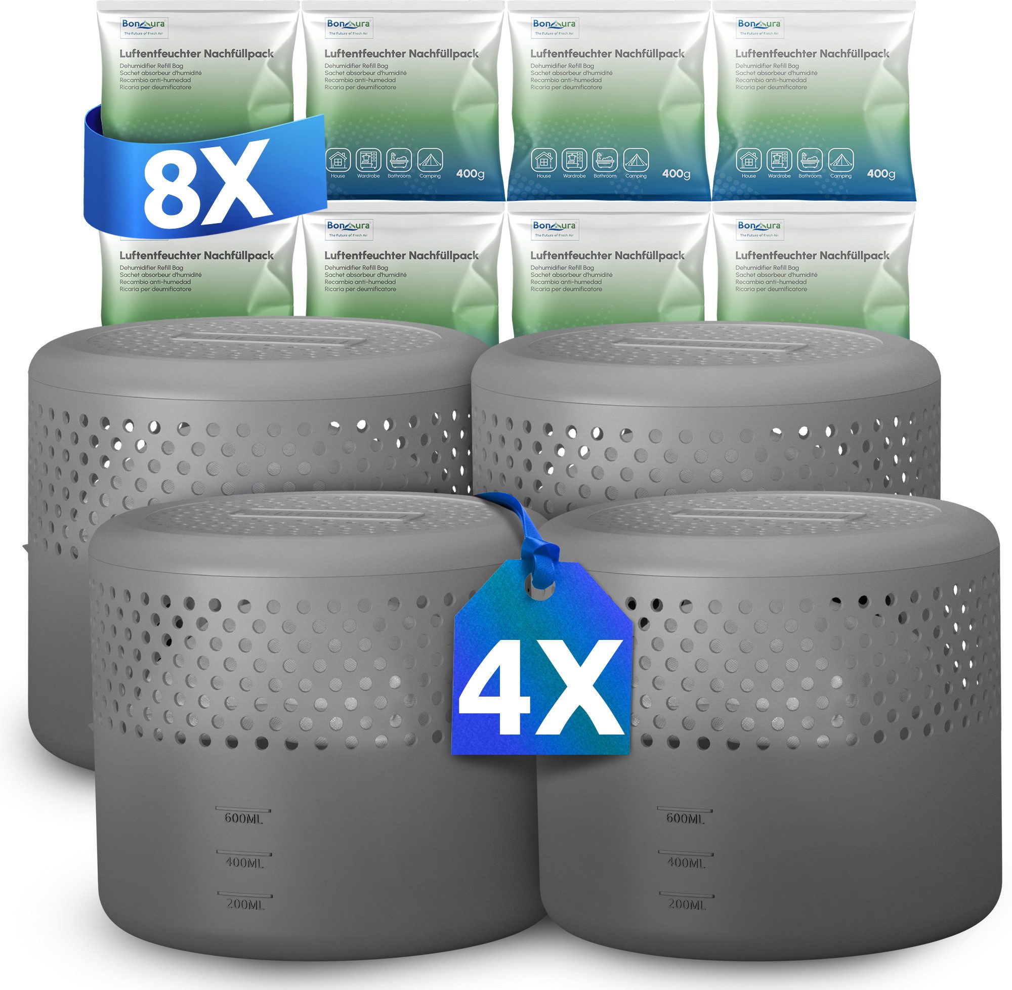 BonAura Luftentfeuchter ohne Strom, für 88 m³ Räume, Tank 0,6 l, 4x Entfeuchter und 8x Luftentfeuchter Nachfüllpack