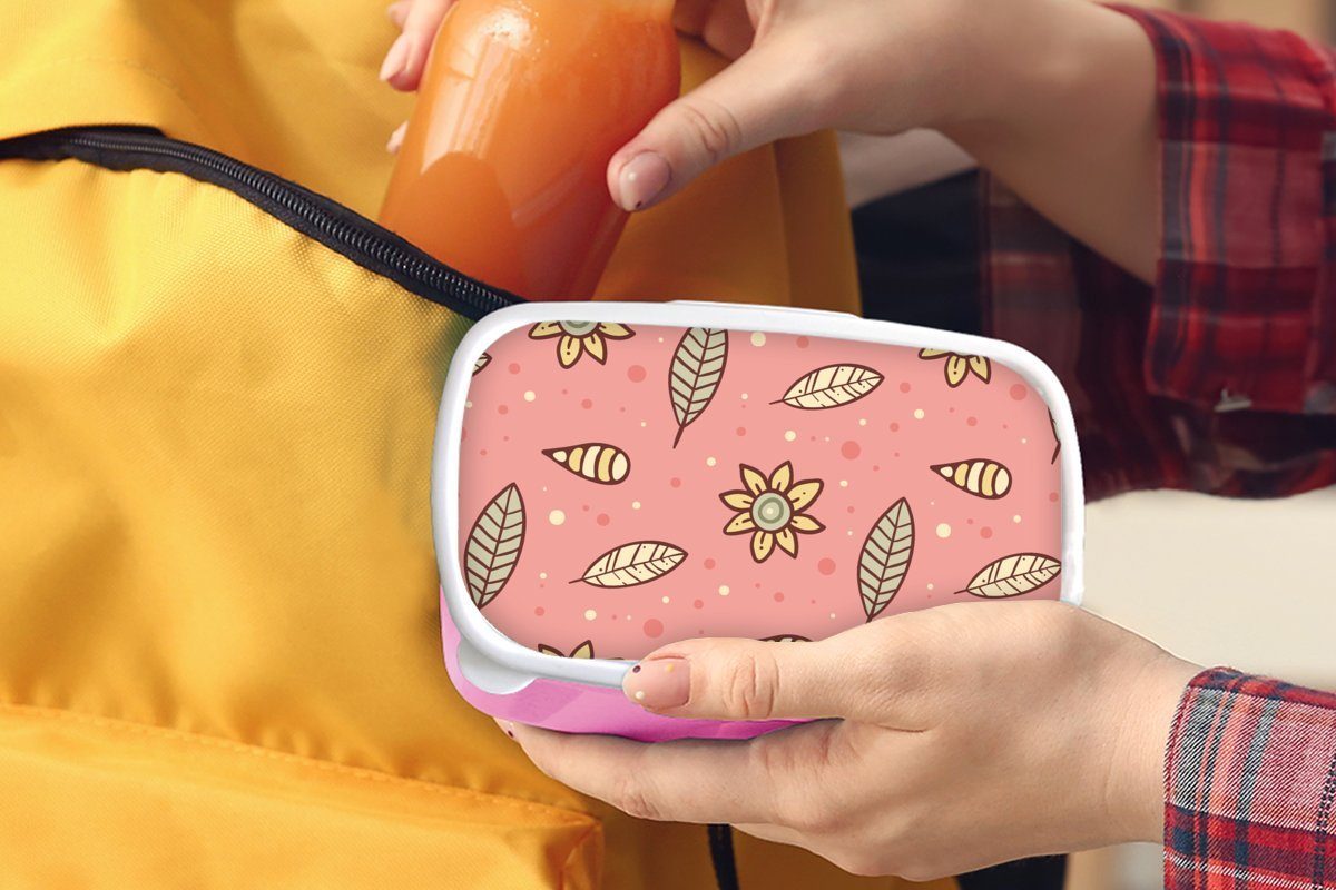 MuchoWow Lunchbox Muster - Kinder für Brotdose Kunststoff, Erwachsene, Blumen Kunststoff - - Brotbox - Kinder, rosa Snackbox, Blätter Mädchen, Mädchen (2-tlg), - Kinder