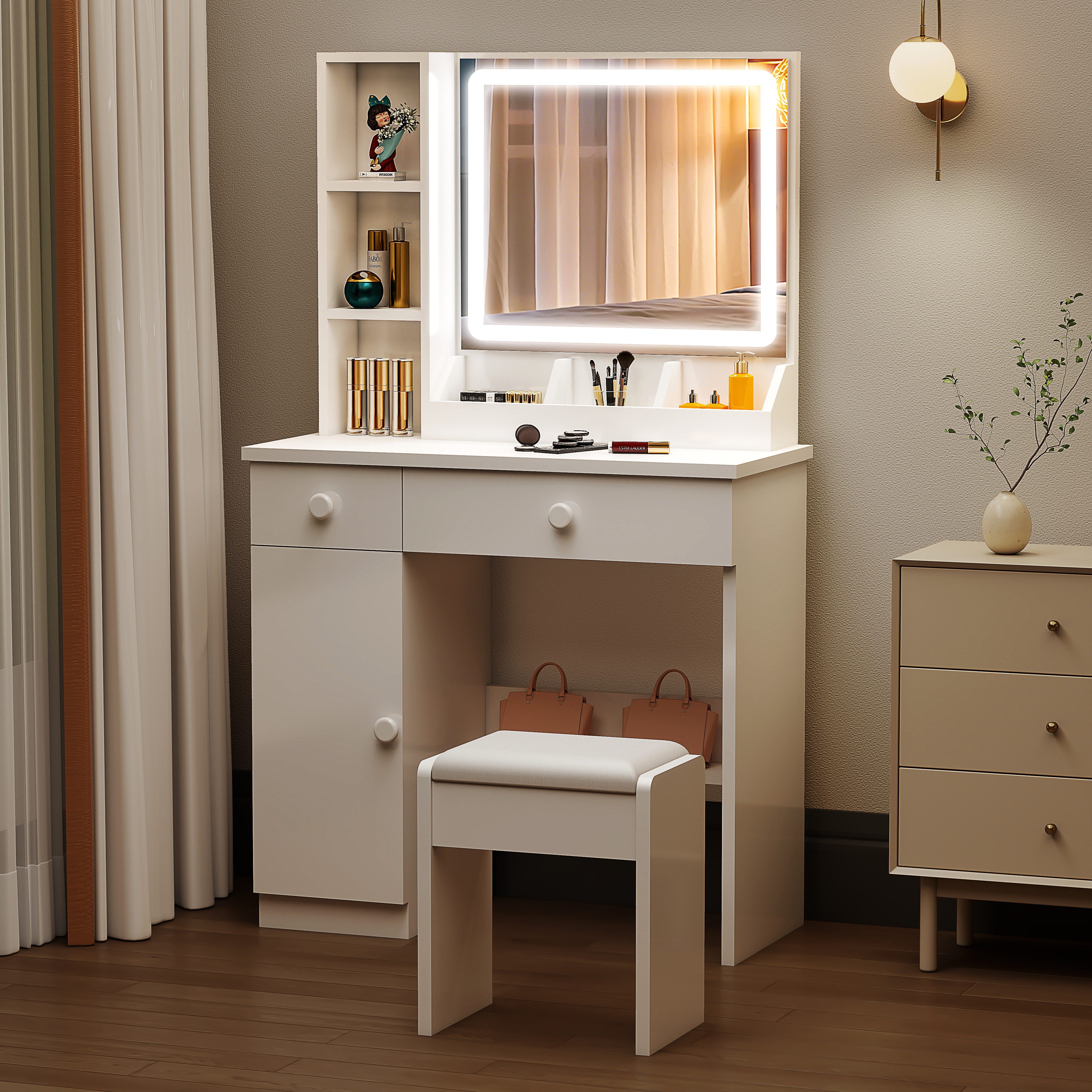 oyajia Schminktisch Frisiertisch, Kosmetiktisch, 2 Schublade und offene Ablagen (Mit 3 Staufächern), Dimmbare Beleuchtung (3 Farbmodi), Für Schlafzimmer Modernes Weiß