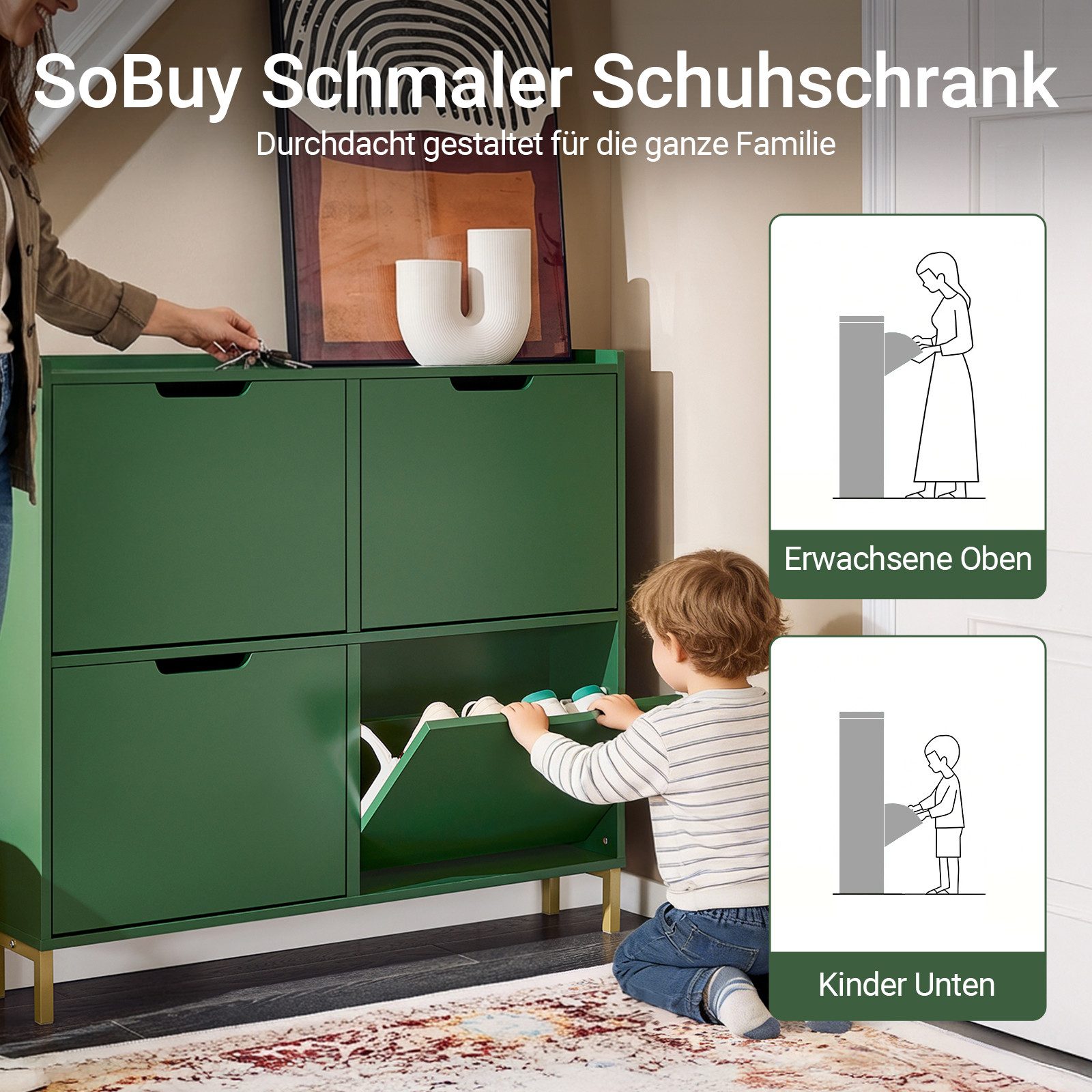 SoBuy Schuhkipper FSR100, Schuhschrank schmal mit 4 Klappen, Flurschrank Schuhregal, Schuhkipper schmal, nur 19 cm tief, für Kleine Wohnungen, Enge Flure