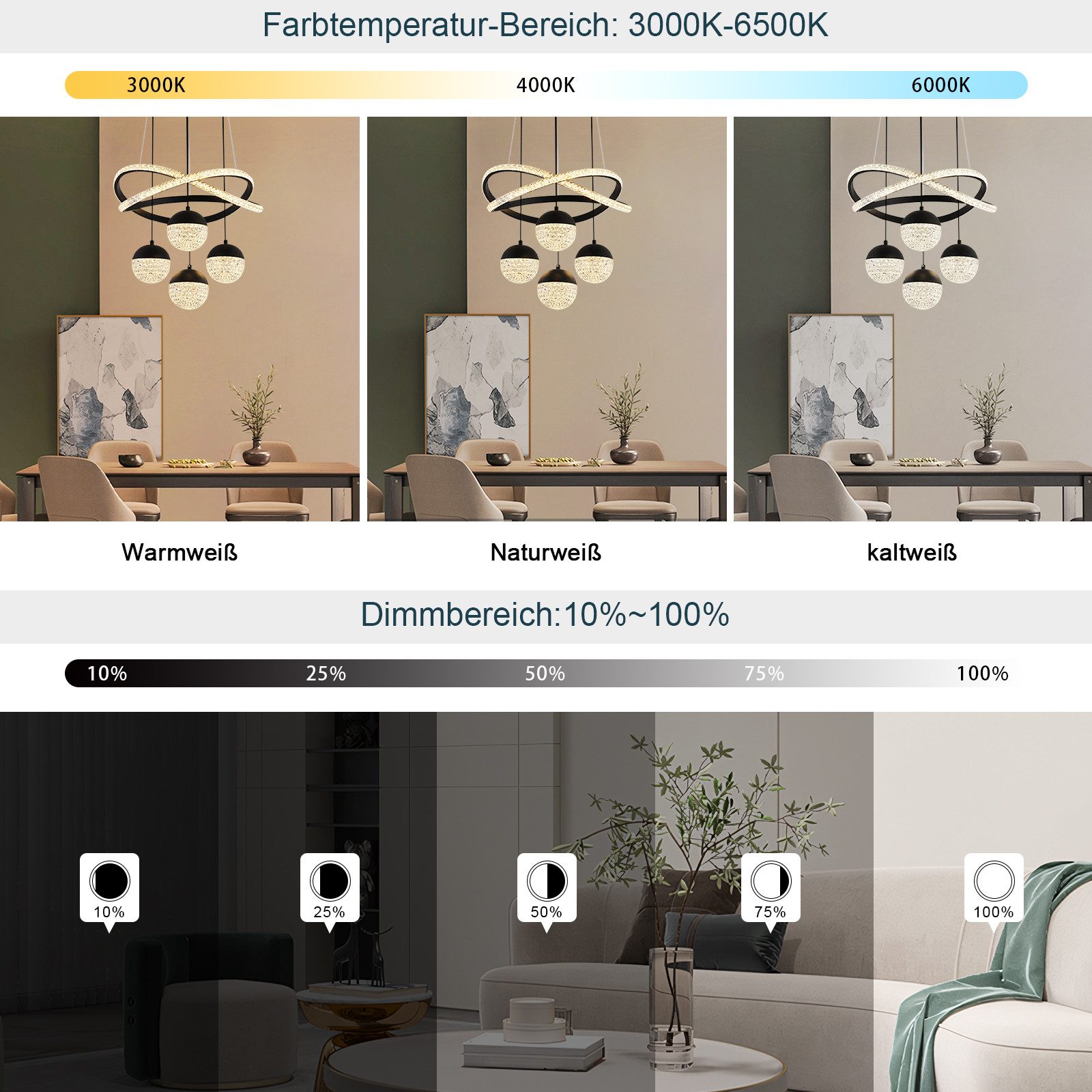 JDONG LED Pendelleuchte esstisch Hängeleuchte Schwarz/Gold 54W 100CM Dimmba günstig online kaufen