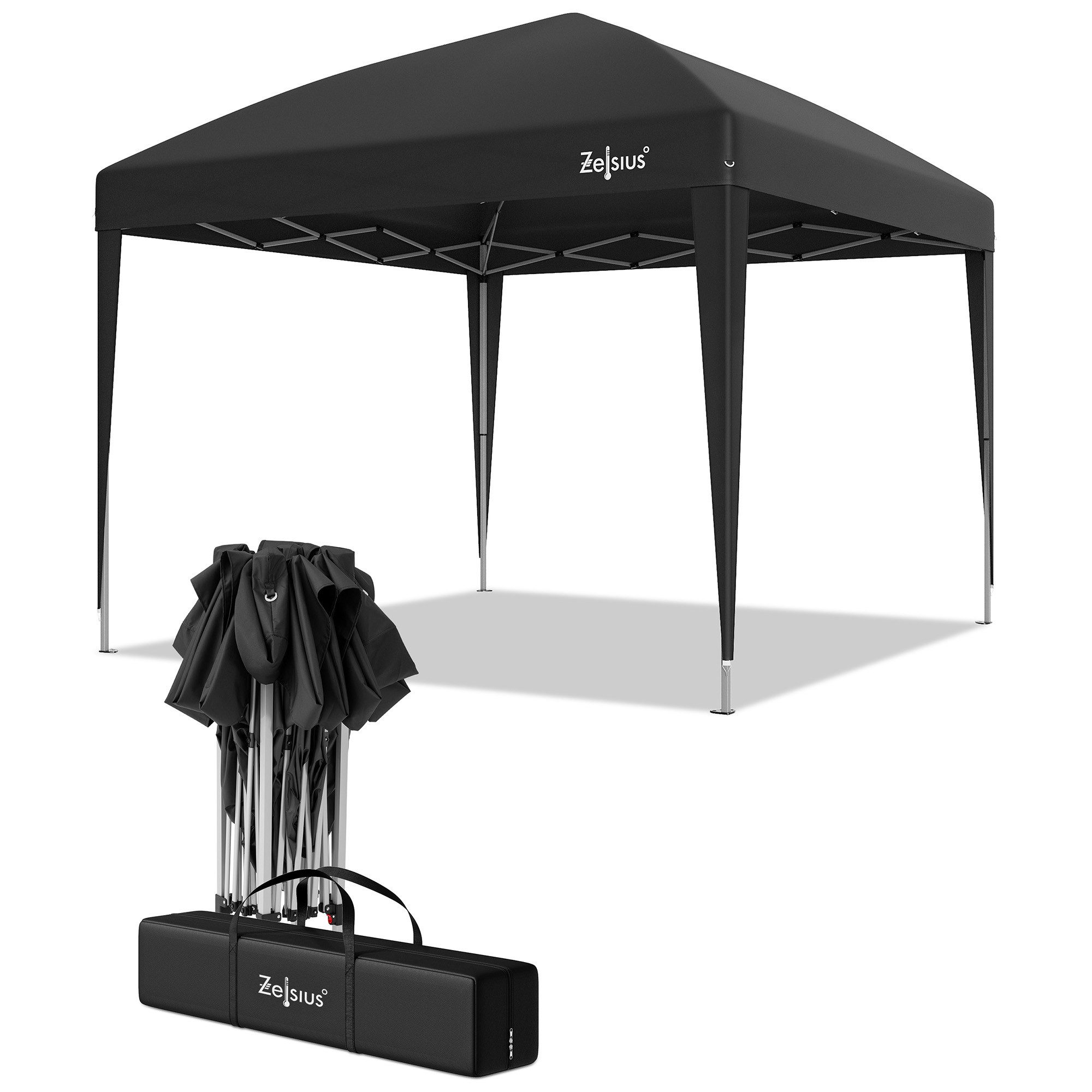 Zelsius Faltpavillon Faltbarer Pavillon 3 x 3 m, Schwarz, Pop-Up Faltpavillon, Gartenzelt, Löcher in den Füßen zur sicheren Befestigung mit Heringen