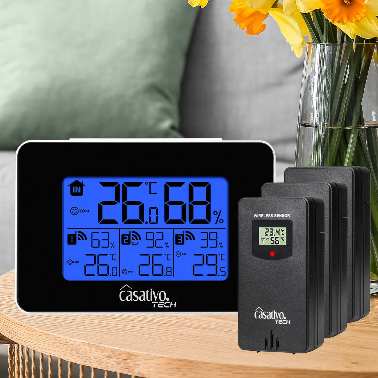 Casativo Wetterstation 3 Funksensoren LCD Display Wettertrend Reichweite 60m Funkwetterstation (Temperatur, Hygrometer, Wettertrends & Heiz-/Lüftungstipps)