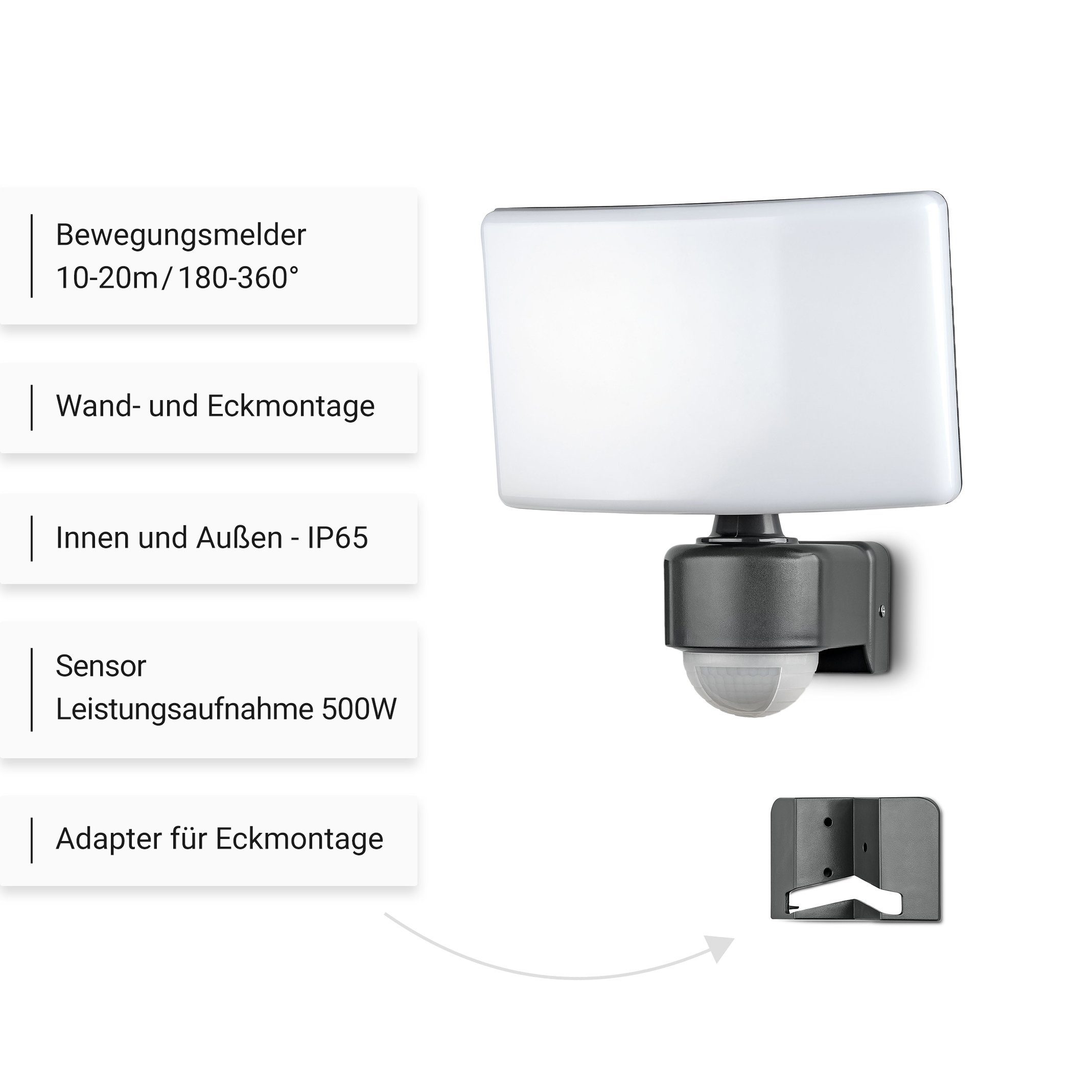 Außenleuchte Bewegungsmelder SEBSON 10m/180° LED 19W Außen-Wandleuchte Kaltweiß, 1700lm Standby programmierbar; IP65, kaltweiß, Dimmfunktion Bewegungsmelder