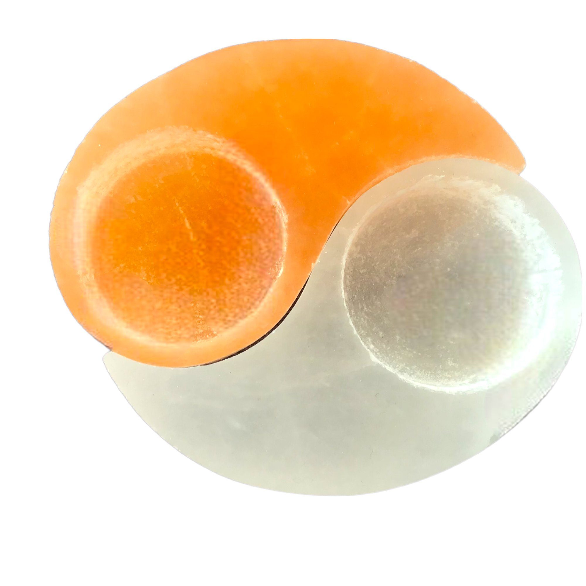 Steinfixx® Teelichthalter Yin und Yang Teelichthalter aus reinem Selenit (Set, 1 St., Bestehend aus zwei Selenit Hälften), Handarbeit aus echtem Selenit orange und weiß