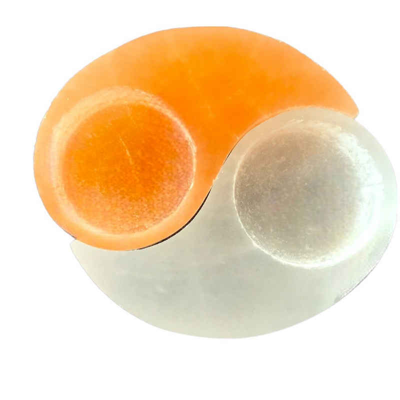 Steinfixx® Teelichthalter Yin und Yang Teelichthalter aus reinem Selenit (Set, 1 St., Bestehend aus zwei Selenit Hälften), Handarbeit aus echtem Selenit orange und weiß