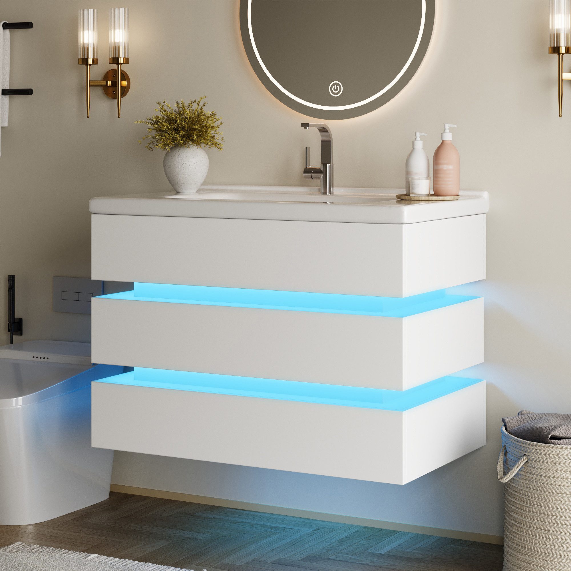 Flieks Waschtisch mit LED-Beleuchtung, Waschbeckenunterschrank inkl. Waschbecken (B81/T47,5/H57 cm, 1-St., wandhängend Badzimmerschrank & rechteckig Keramikbecken), Badmöbel-Set Badezimmerschrank mit 2 Soft-Close Schubladen Weiß