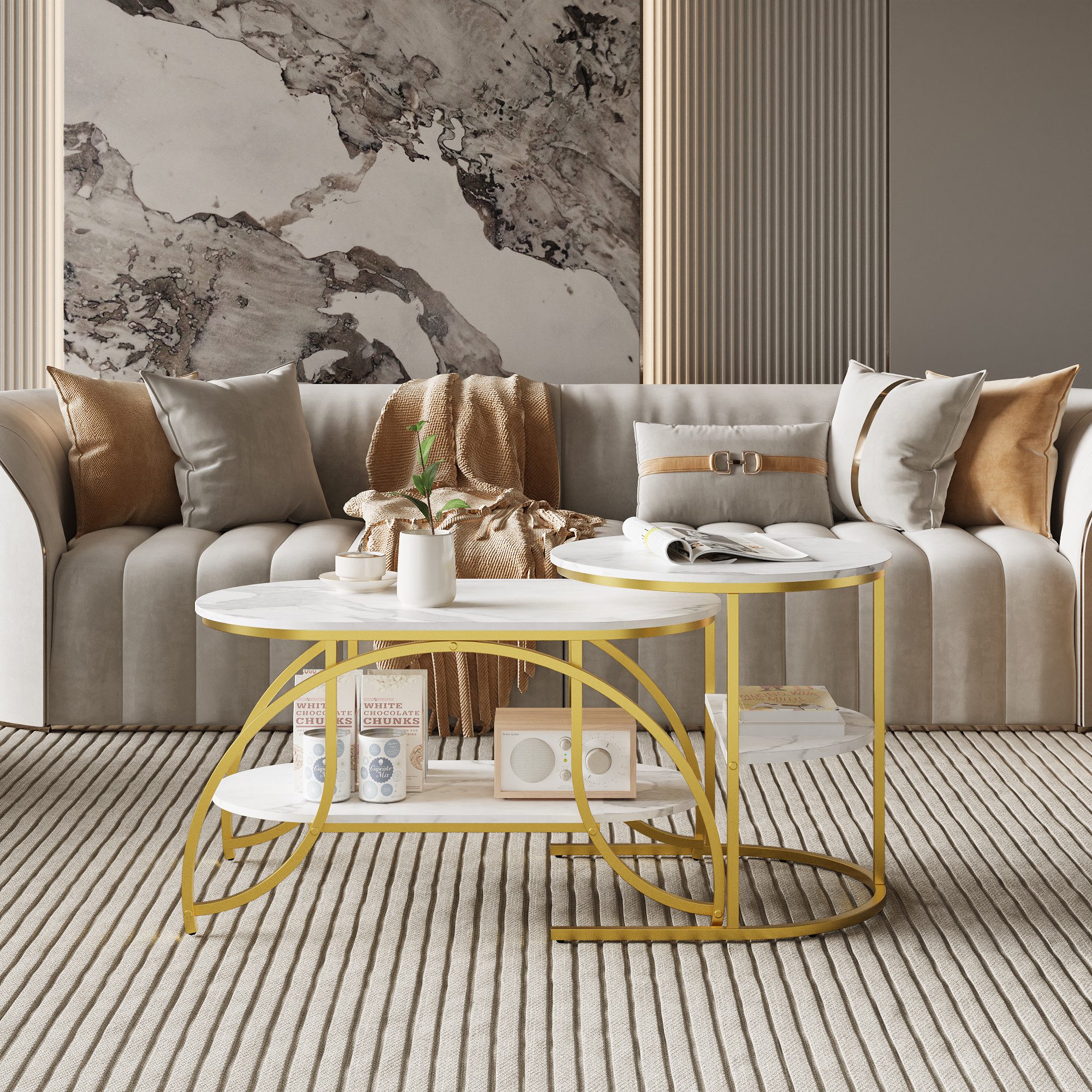 BELUPAI Couchtisch 2er Set, Wohnzimmertisch oval und rund, modern Satztisch, Beistelltisch mit Marmormuster,Gold Metallgestell,Weißes Paneel