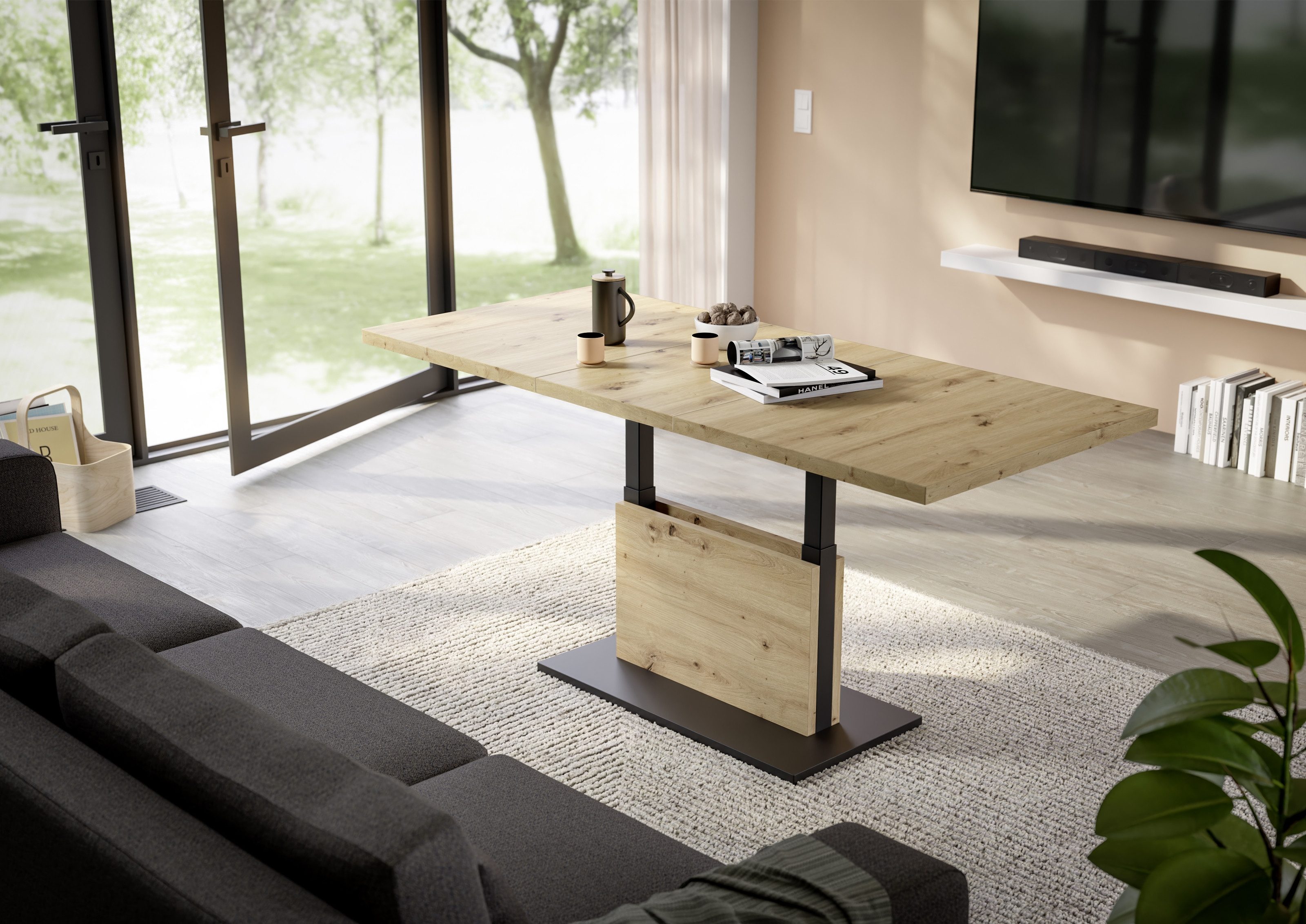 freiraum Couchtisch Lift, ausziehbar, Asteiche Dekor / schwarz - 120/160x56/75x70cm (BxHxT)