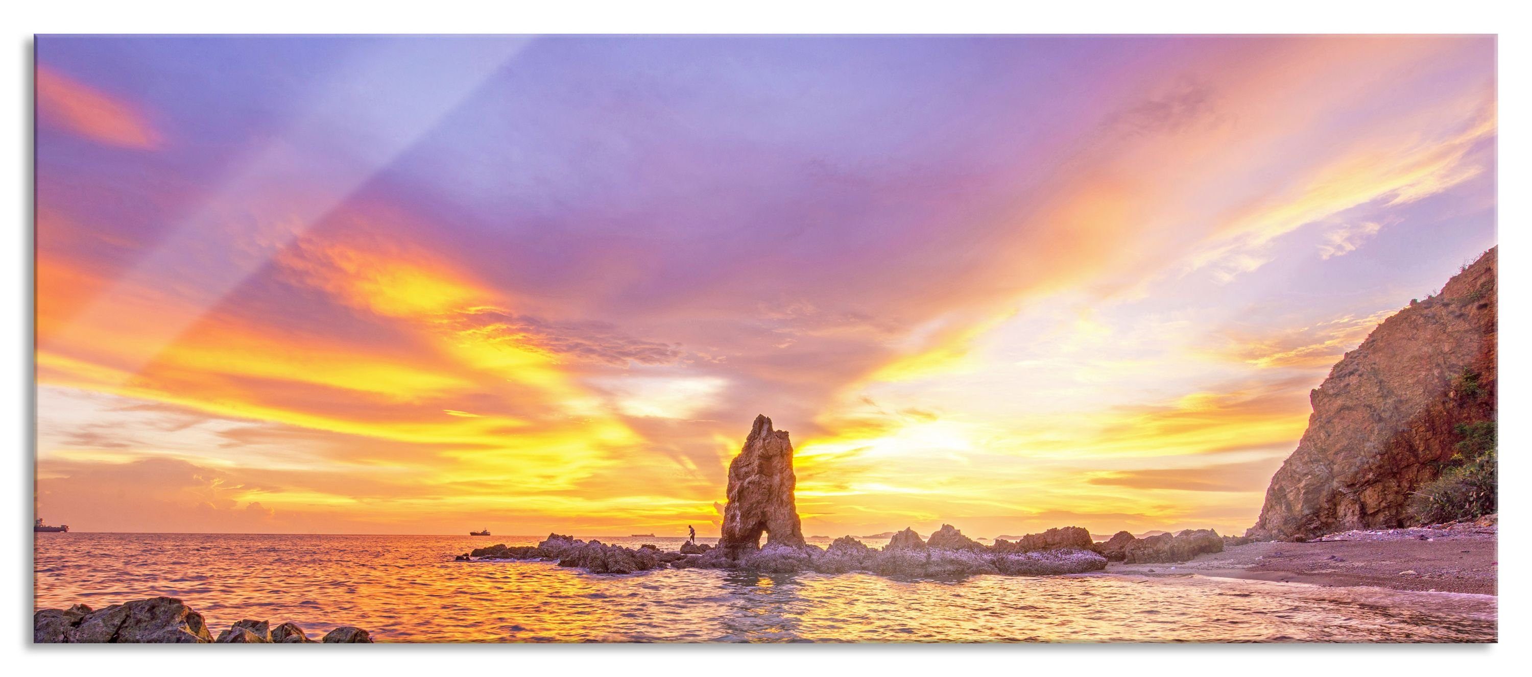 Aufhängungen Glasbild mit (1 Abstandshalter Küstenlinie aus Echtglas, inkl. St), Sonnenuntergang mit Pixxprint Küstenlinie und Sonnenuntergang, Glasbild