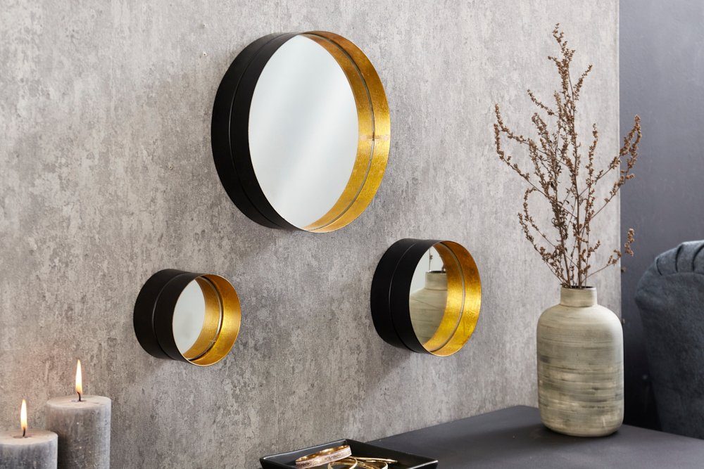 Wandspiegel gold mit · Rahmen · · · Metall schwarz Deko · VARIATION Handarbeit 36cm 3-St), (Set, rund riess-ambiente Wohnzimmer
