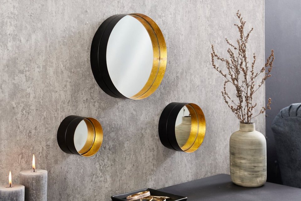 riess-ambiente Wandspiegel VARIATION 36cm schwarz gold (Set, 3-St),  Wohnzimmer · Metall · rund · mit Rahmen · Deko · Handarbeit