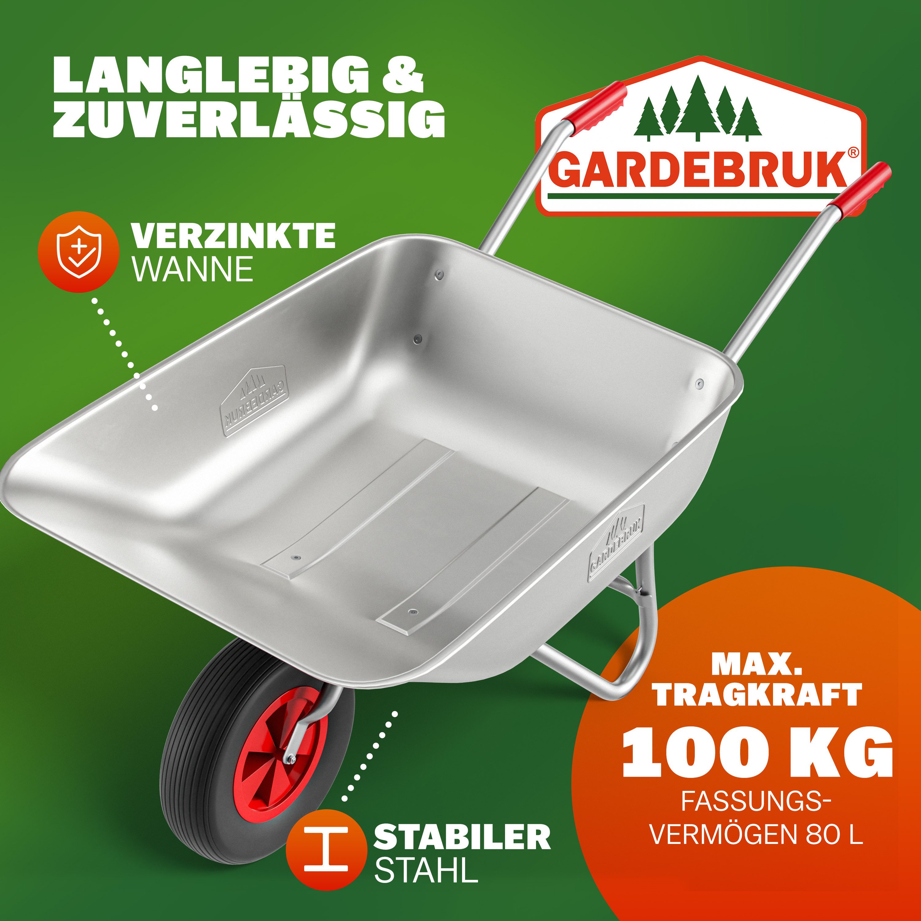 Gardebruk Schubkarre, Schubkarre Gartenkarre 80L verzinkt 80kg Bau Schiebkarre Luftreifen