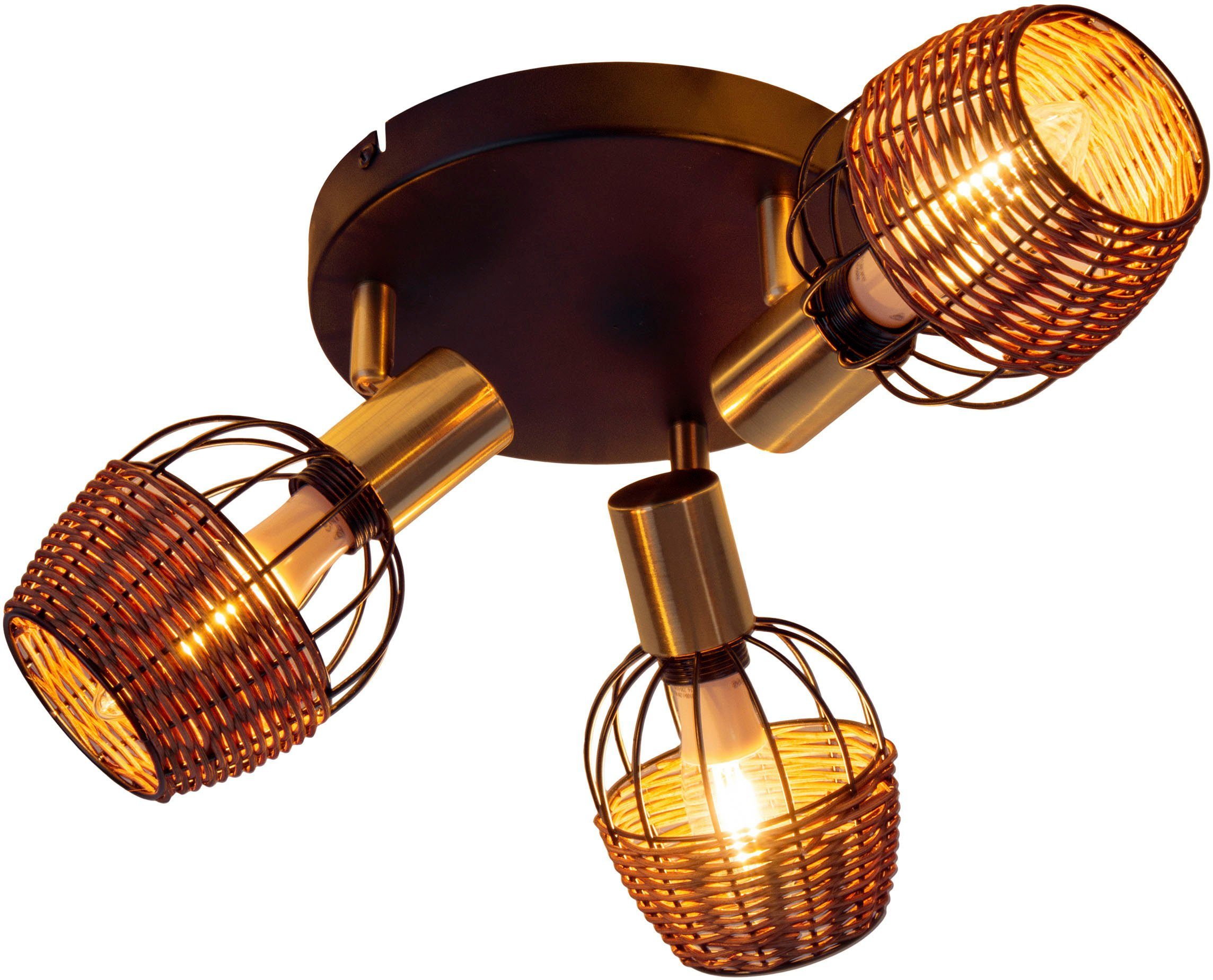 näve Deckenspots Corbis, ohne Leuchtmittel, 3 Пятна excl. E14 max. 40W schwarz/natur/gold D: 38cm mit Rattan