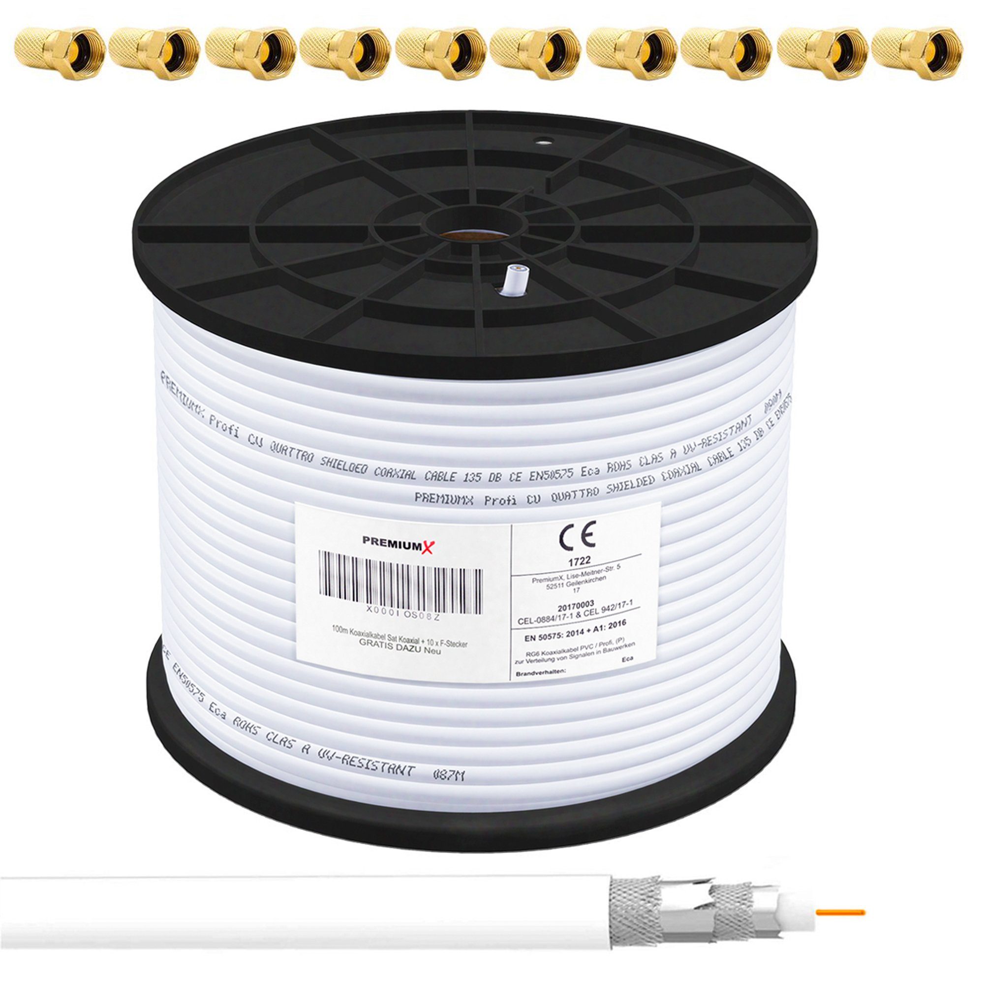 100m PROFI Koaxialkabel 135dB CU 4-fach Antennenkabel 10x F-Stecker SAT-Kabel