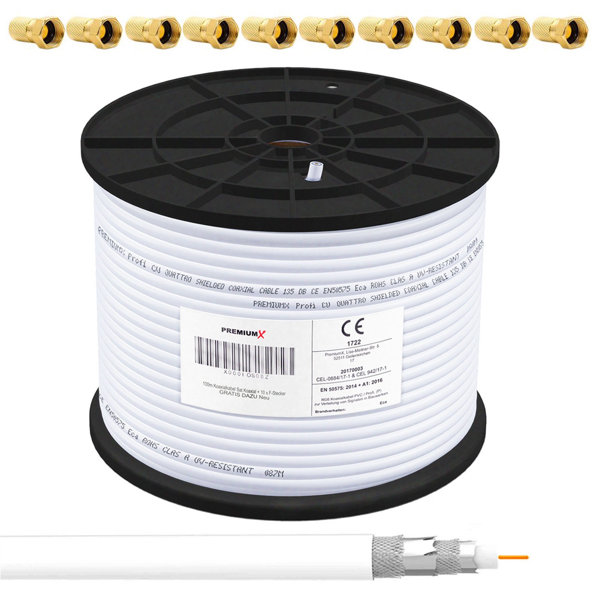 PremiumX 100m PROFI Koaxialkabel 135dB CU 4-fach Antennenkabel 10x F-Stecker SAT-Kabel