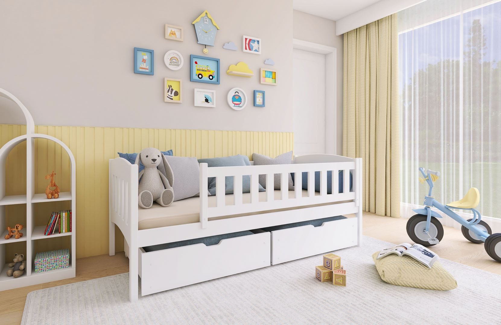 thematys Kinderbett 90x200 cm in Weiß – Einzelbett mit 2 Schubladen, mit Rausfallschutz, Kindersicher, Massivholz, Kinderzimmer für Jungen und Mädchen