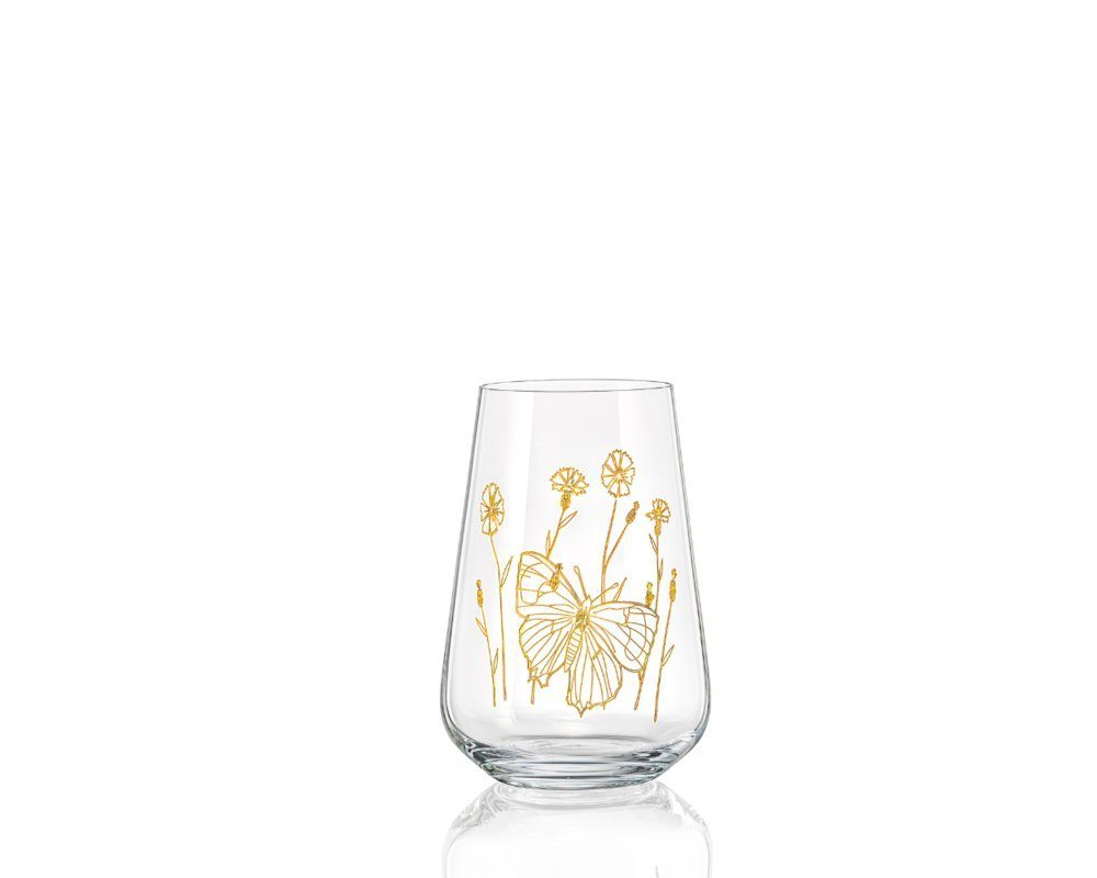 Crystalex Longdrinkglas Longdrinks Wassergläser Wild Flowers Schmetterling, 6-tlg., Kristallglas, Pantografie in Gold mit Schmetterling, Kristallglas, 6er Set, 380 ml
