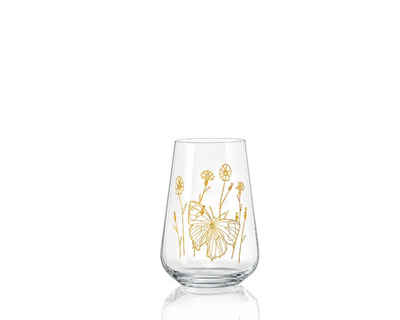 Crystalex Longdrinkglas Longdrinks Wassergläser Wild Flowers Schmetterling, Kristallglas, Pantografie in Gold mit Schmetterling, Kristallglas, 6er Set, 380 ml