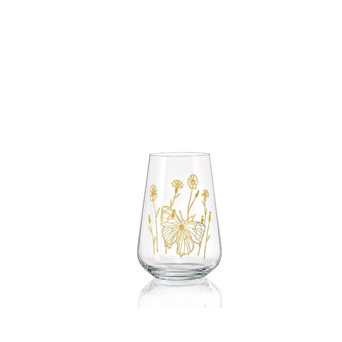 Crystalex Longdrinkglas Longdrinks Wassergläser Wild Flowers Schmetterling Pantografie in Gold mit Schmetterling Kristallglas 6er Set 380 ml