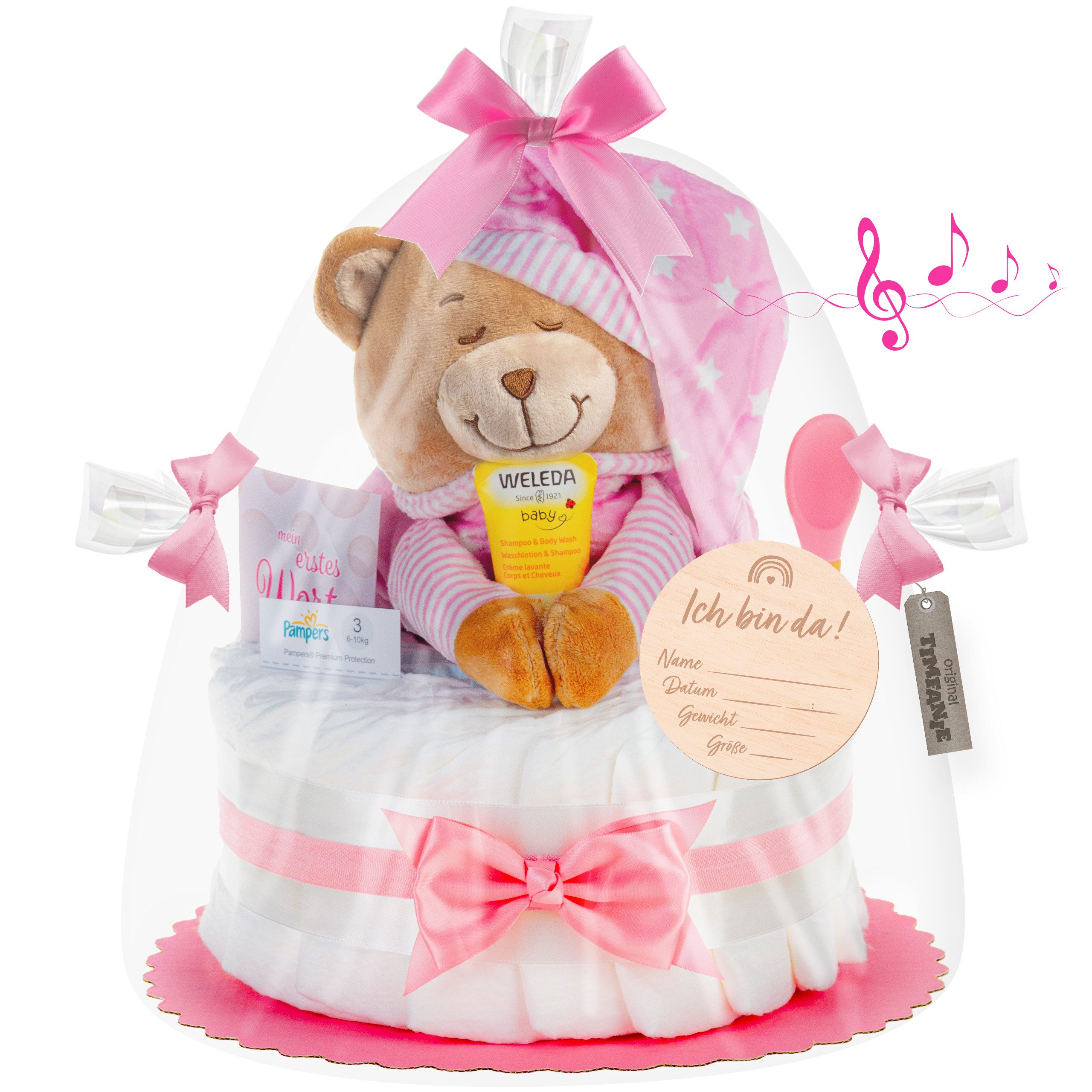 Timfanie Windeln Windeltorte, Spieluhr Schlafmütze, rosa, 0-8 Monate (Handgefertigtes Geschenk - In Folie gehüllt, mit Schleifen verziert, 28-St., 20 Pampers Premium, 1 Marken-Kuscheltie, wertige Accessoires), Das Perfekte Geschenk zur Geburt oder Babyparty.